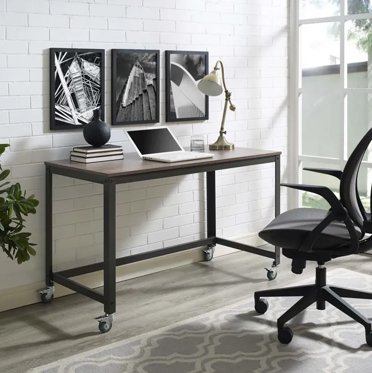 Modway Vivify Industrial Modern Computer Office Desk With Locking Casters