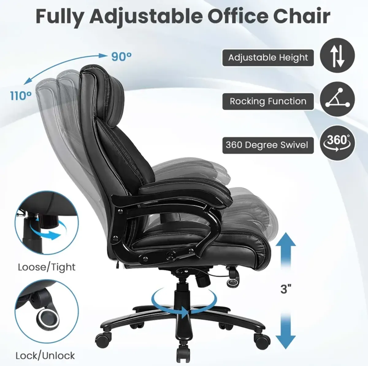 Costway Big and Tall Office Chair 500lbs with 6-Point Massage Wide Seat & Padded Armrests