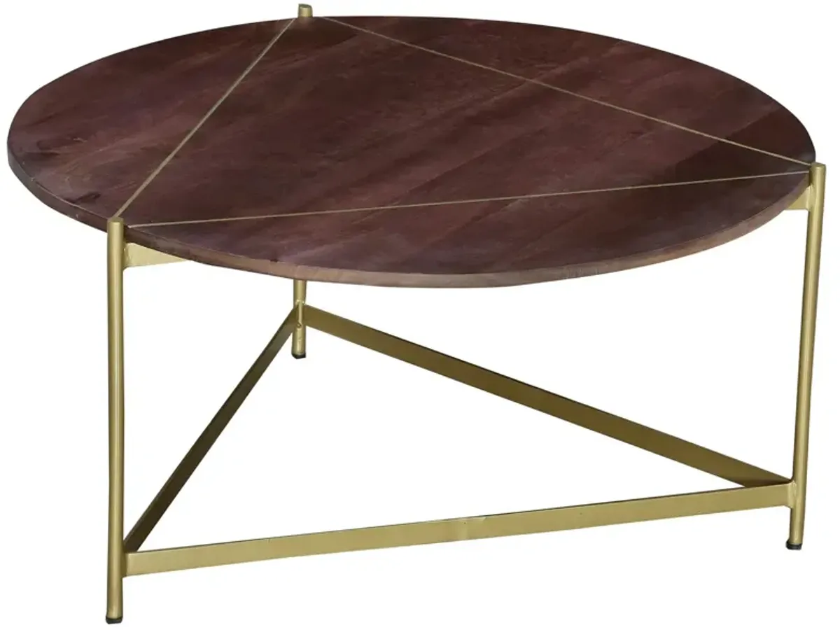 Ellis 32 Inch Round Wood Coffee Table with Brass Metal Base, Brown, Matte Gold-Benzara