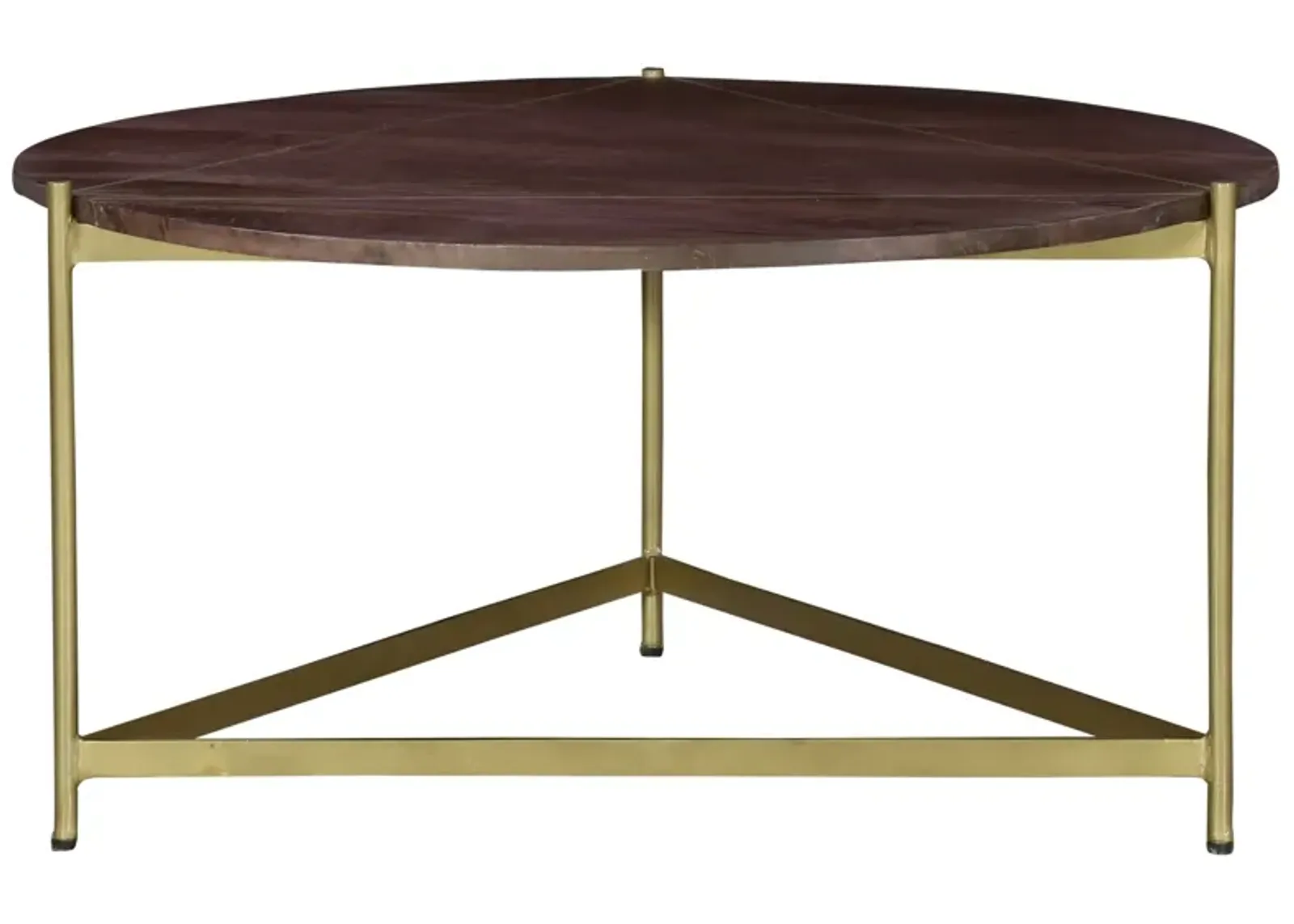 Ellis 32 Inch Round Wood Coffee Table with Brass Metal Base, Brown, Matte Gold-Benzara