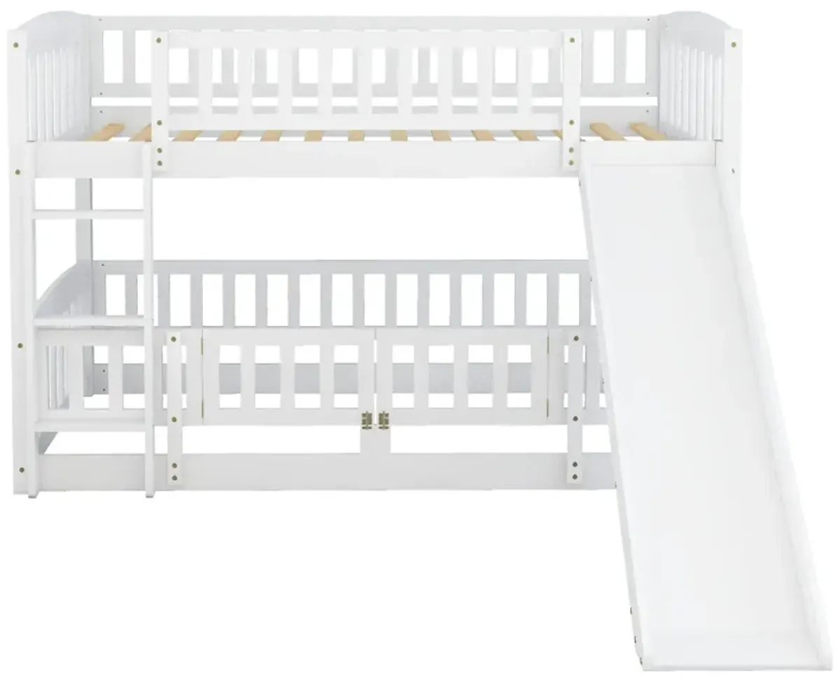 Bunk Bed With Slide, Twin Over Twin Low Bunk Bed With Fence And Ladder For Toddler Kids Teens