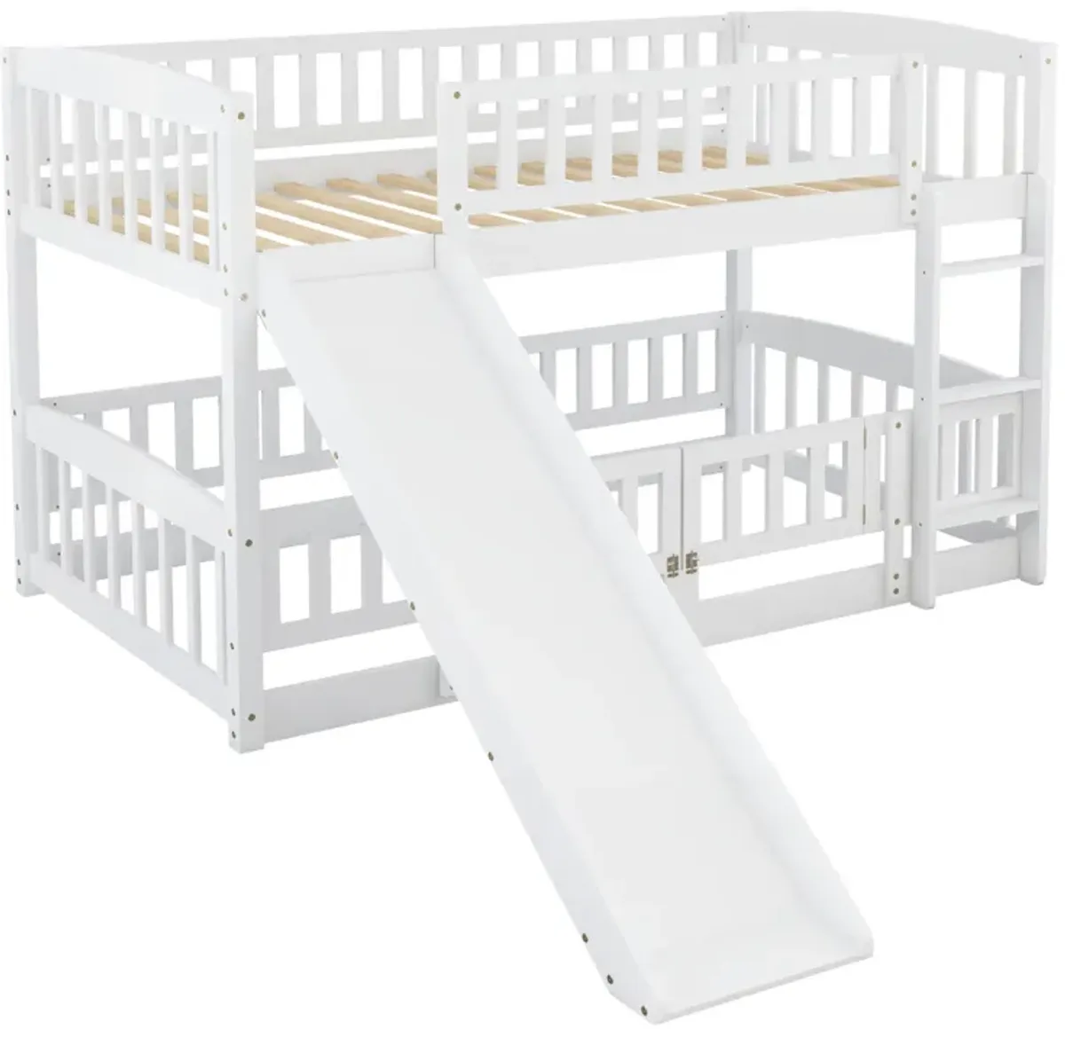 Bunk Bed With Slide, Twin Over Twin Low Bunk Bed With Fence And Ladder For Toddler Kids Teens