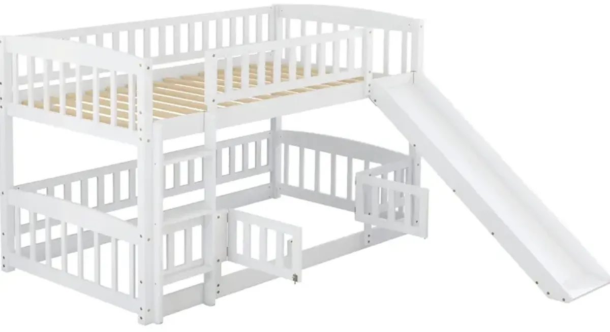 Bunk Bed With Slide, Twin Over Twin Low Bunk Bed With Fence And Ladder For Toddler Kids Teens