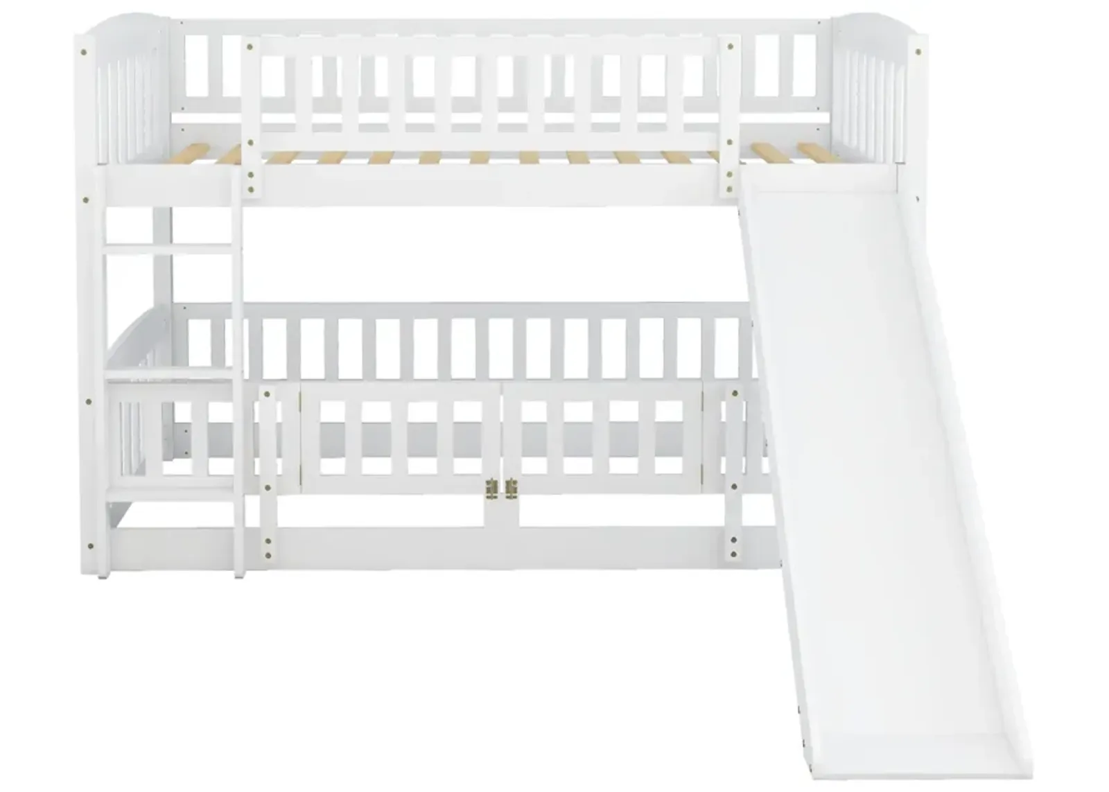 Bunk Bed With Slide, Twin Over Twin Low Bunk Bed With Fence And Ladder For Toddler Kids Teens