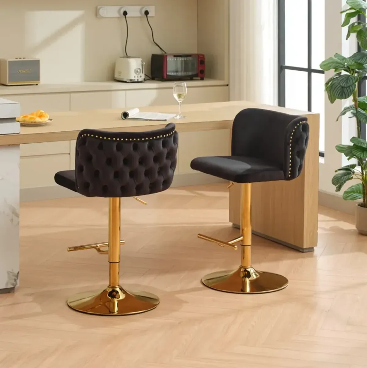 Streamdale Adjustable Velvet Barstools with Gold Base (Set of 2)