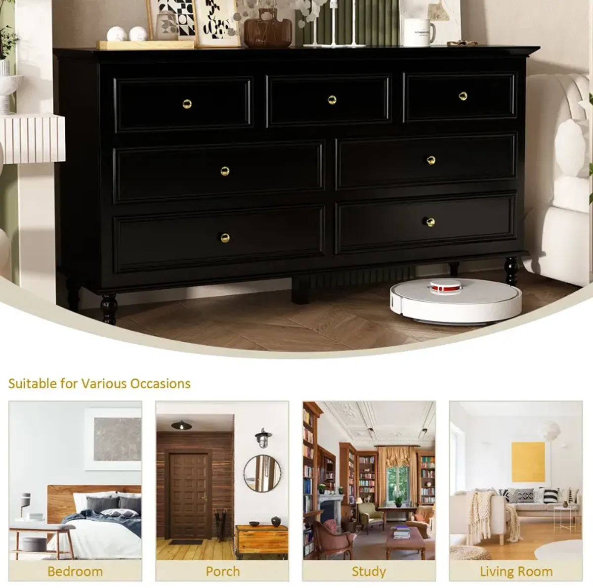 Classic Style Black Wood 7 Drawers 55.2 in. W Chest of-Drawers Cabinet with 29.6 in. H x 15.7 in. D