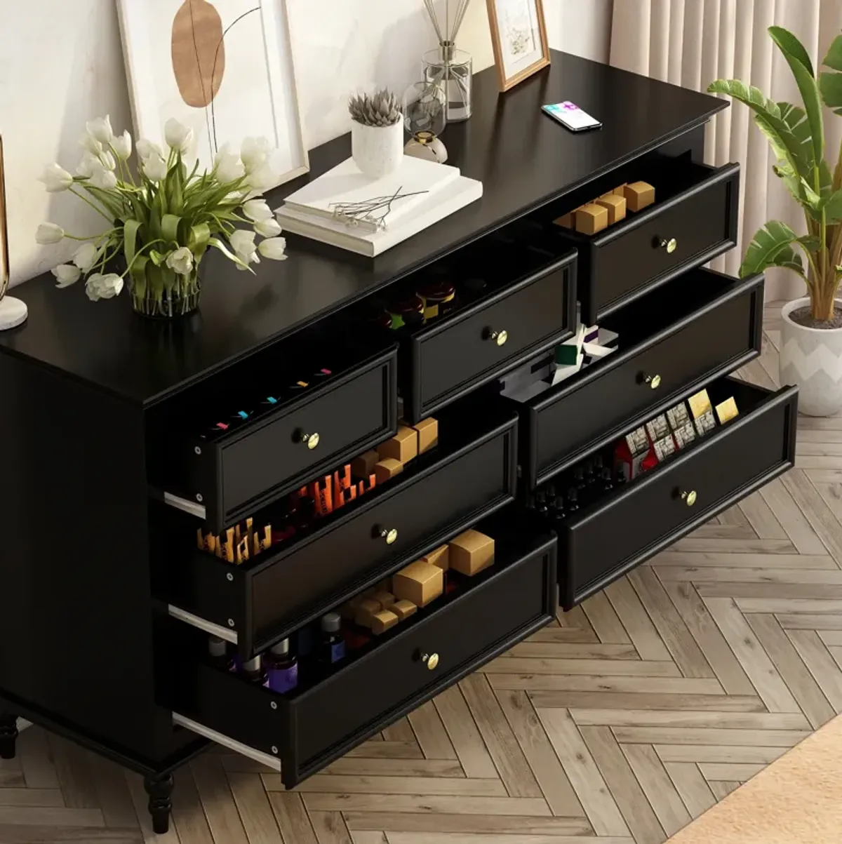 Classic Style Black Wood 7 Drawers 55.2 in. W Chest of-Drawers Cabinet with 29.6 in. H x 15.7 in. D