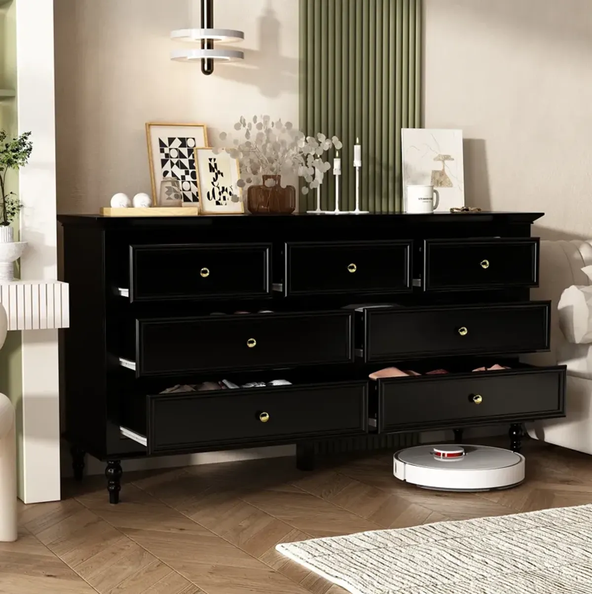 Classic Style Black Wood 7 Drawers 55.2 in. W Chest of-Drawers Cabinet with 29.6 in. H x 15.7 in. D