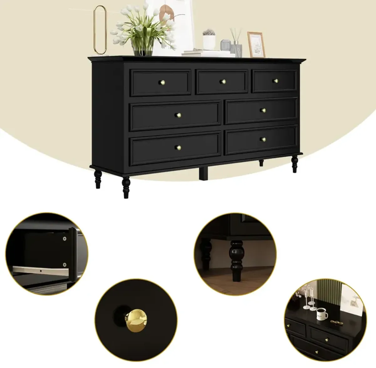 Classic Style Black Wood 7 Drawers 55.2 in. W Chest of-Drawers Cabinet with 29.6 in. H x 15.7 in. D