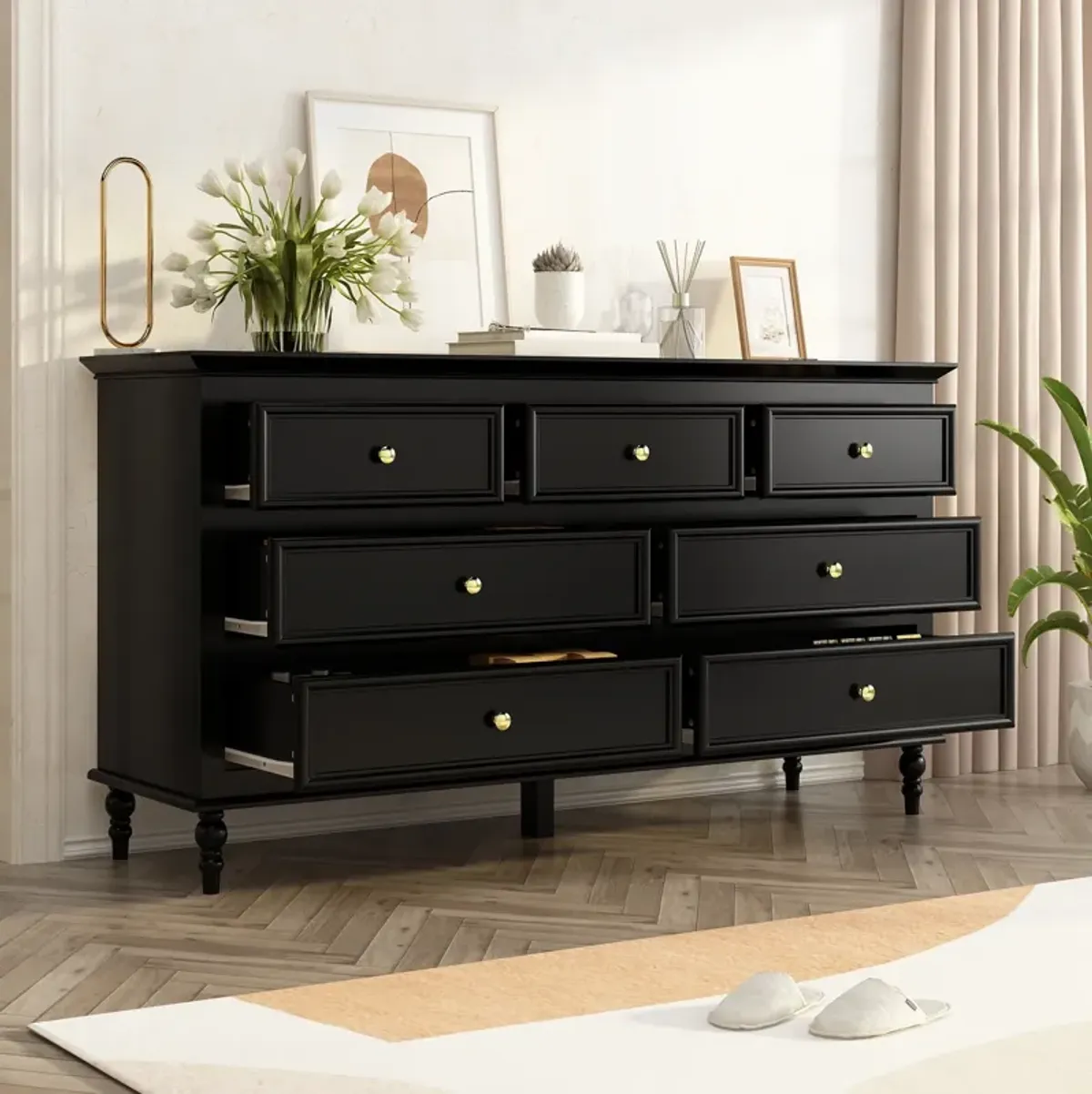 Classic Style Black Wood 7 Drawers 55.2 in. W Chest of-Drawers Cabinet with 29.6 in. H x 15.7 in. D