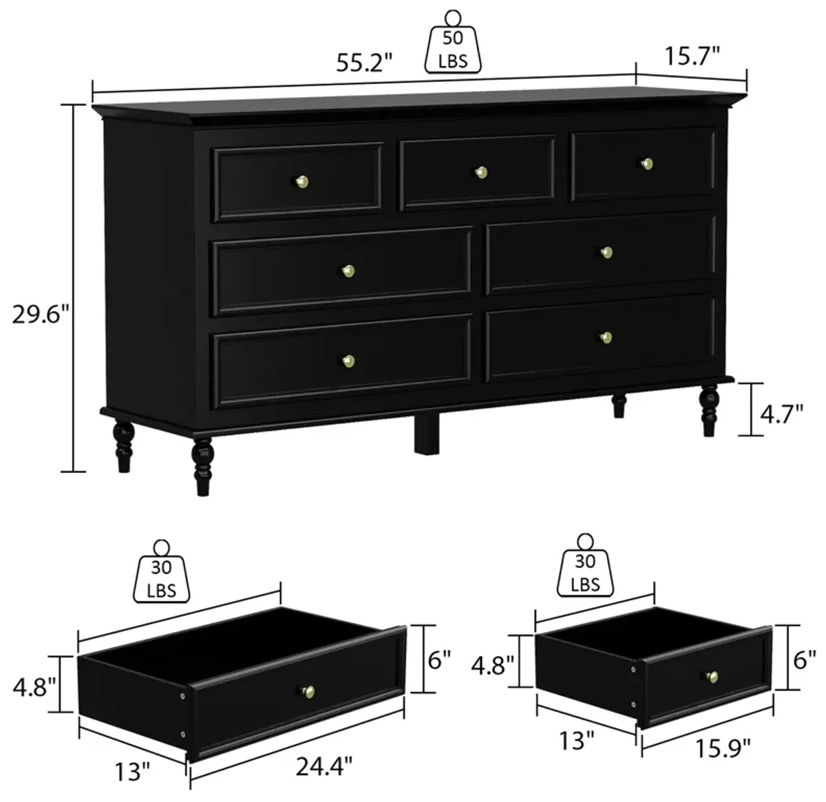 Classic Style Black Wood 7 Drawers 55.2 in. W Chest of-Drawers Cabinet with 29.6 in. H x 15.7 in. D