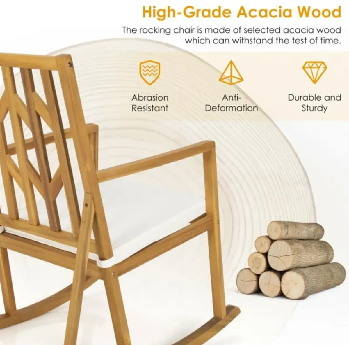 Hivvago Patio Acacia Wood Rocking Chair Sofa with Armrest and Cushion for Garden and Deck