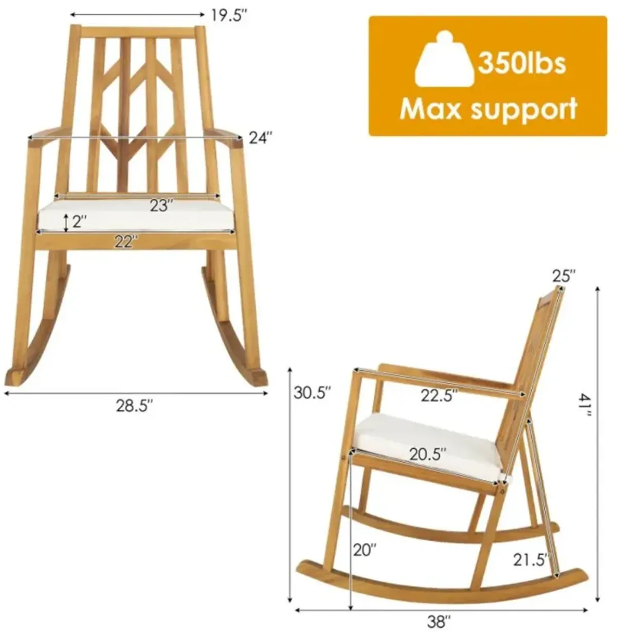 Hivvago Patio Acacia Wood Rocking Chair Sofa with Armrest and Cushion for Garden and Deck