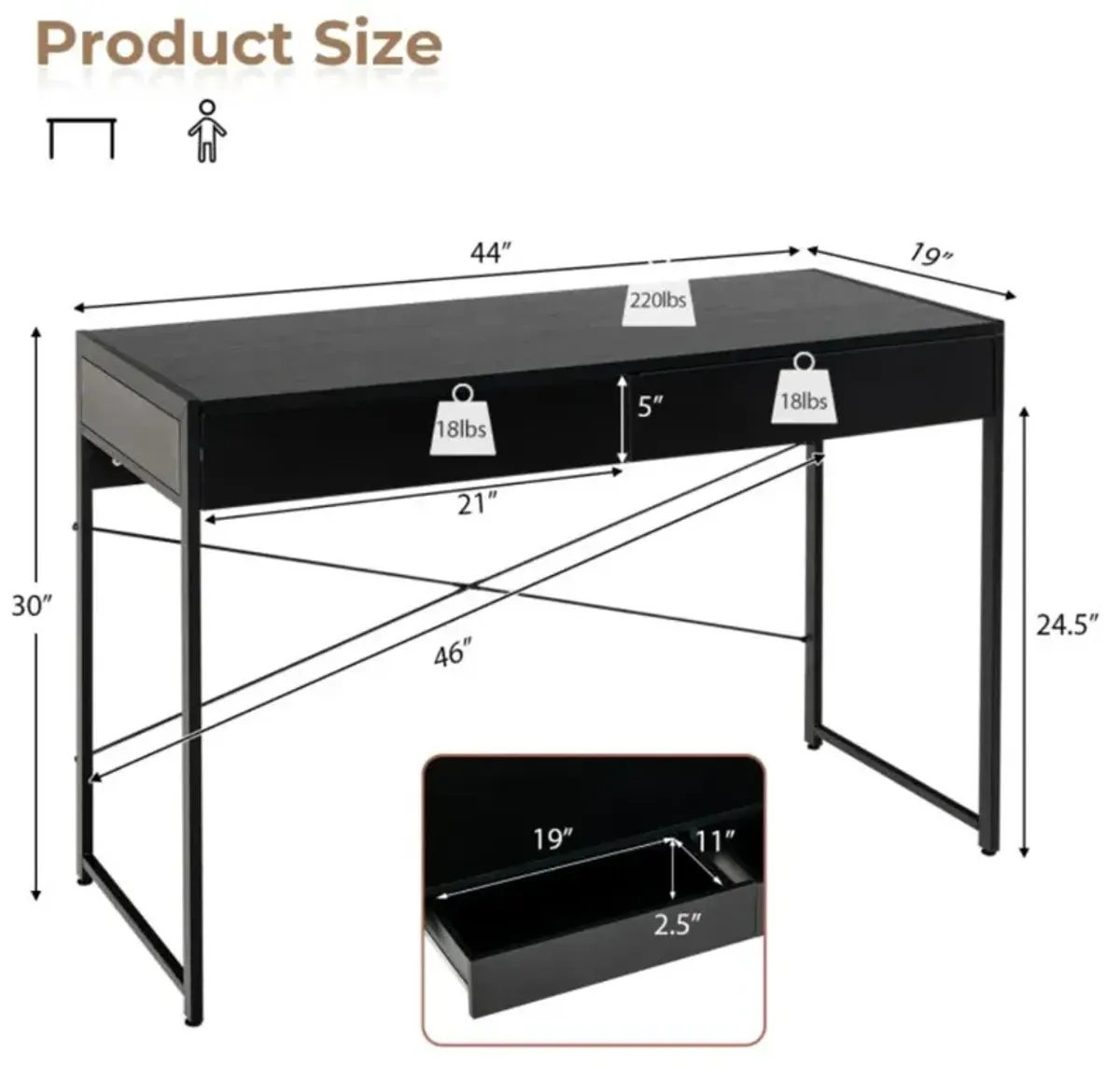 Hivvago 2-Drawer Home Office Desk with Steel Frame