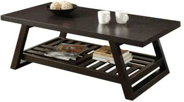Hivvago Contemporary Coffee Table with Slatted Bottom Shelf in Rich Brown