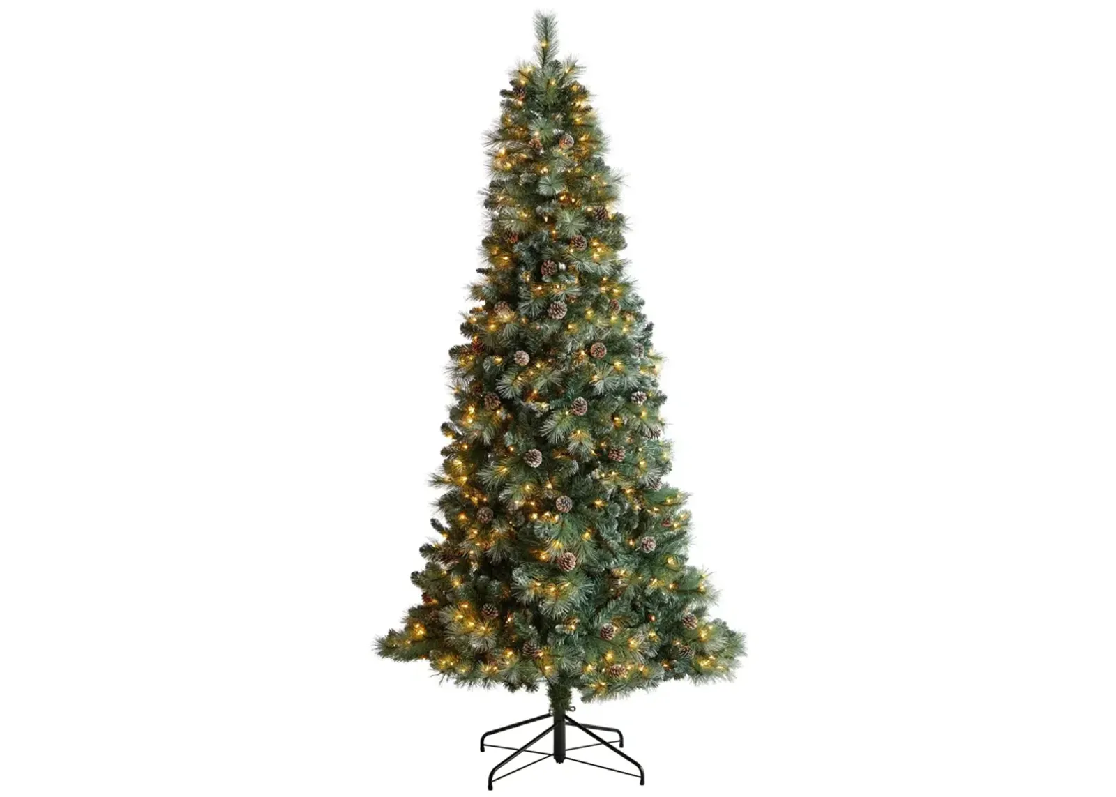 Nearly Natural Frosted Tip British Columbia Mountain Pine Artificial Christmas Tree with Clear Lights, Pine Cones and Bendable Branches