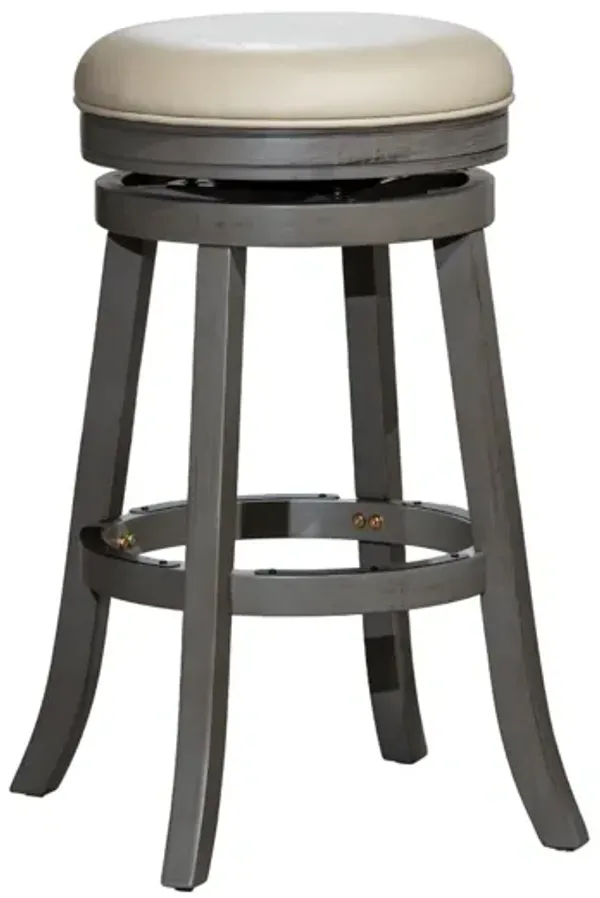 Opi 30 Inch Swivel Barstool, Round, Weathered Gray Faux Leather and Wood - Benzara