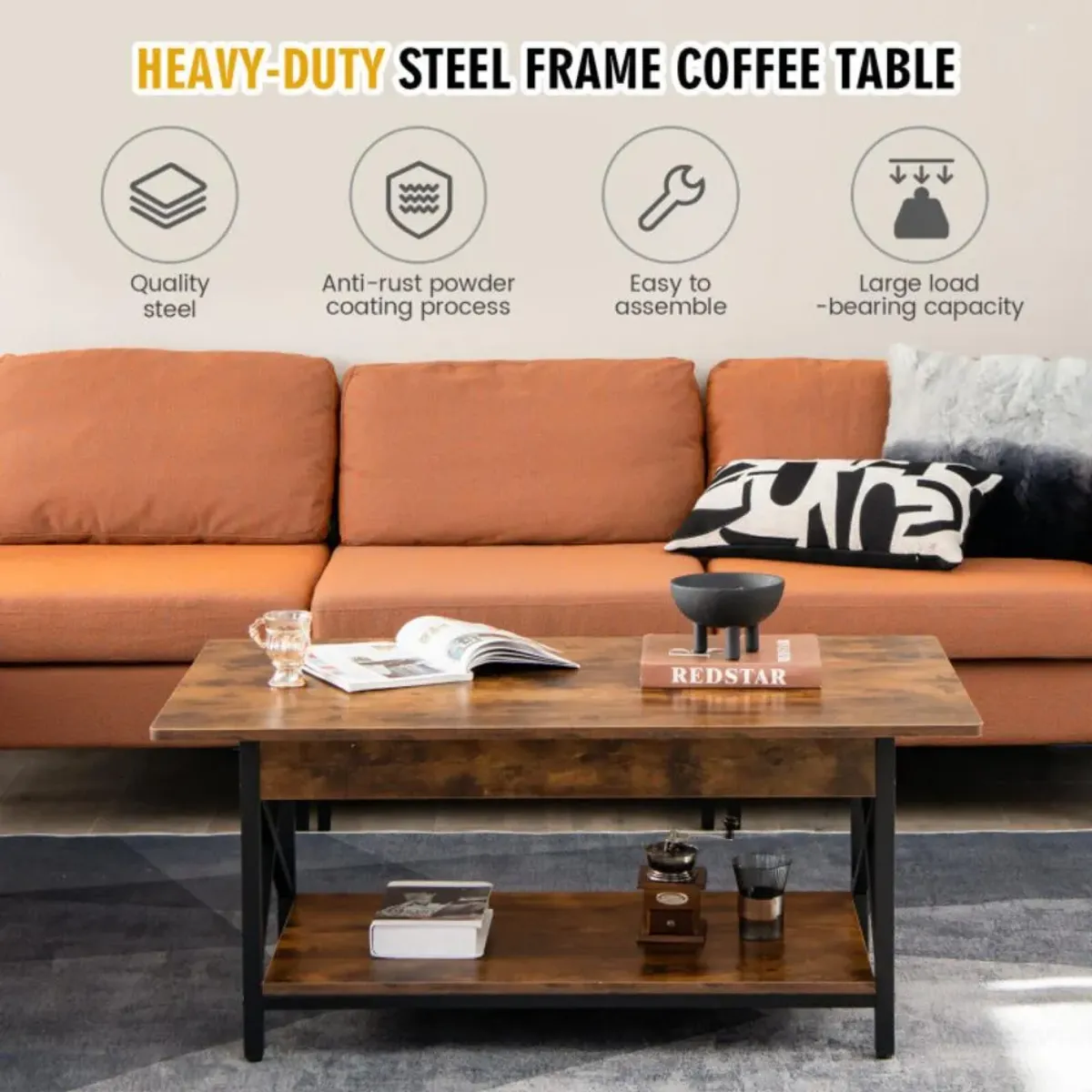 Hivvago 2-Tier Industrial Rectangular Coffee Table with Storage Shelf