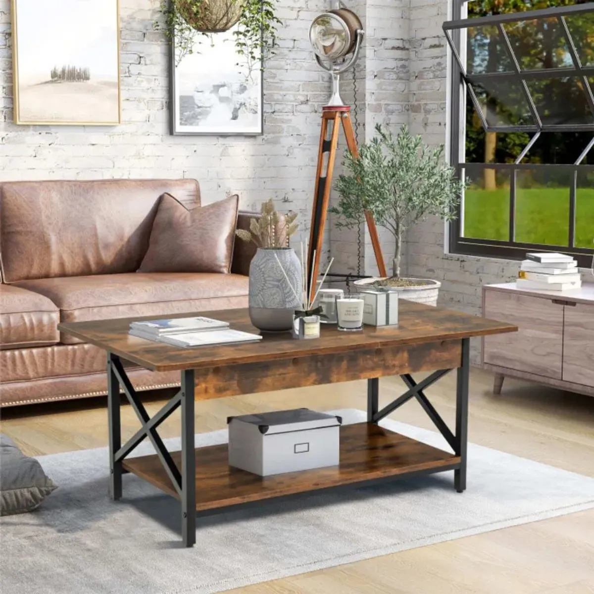 Hivvago 2-Tier Industrial Rectangular Coffee Table with Storage Shelf