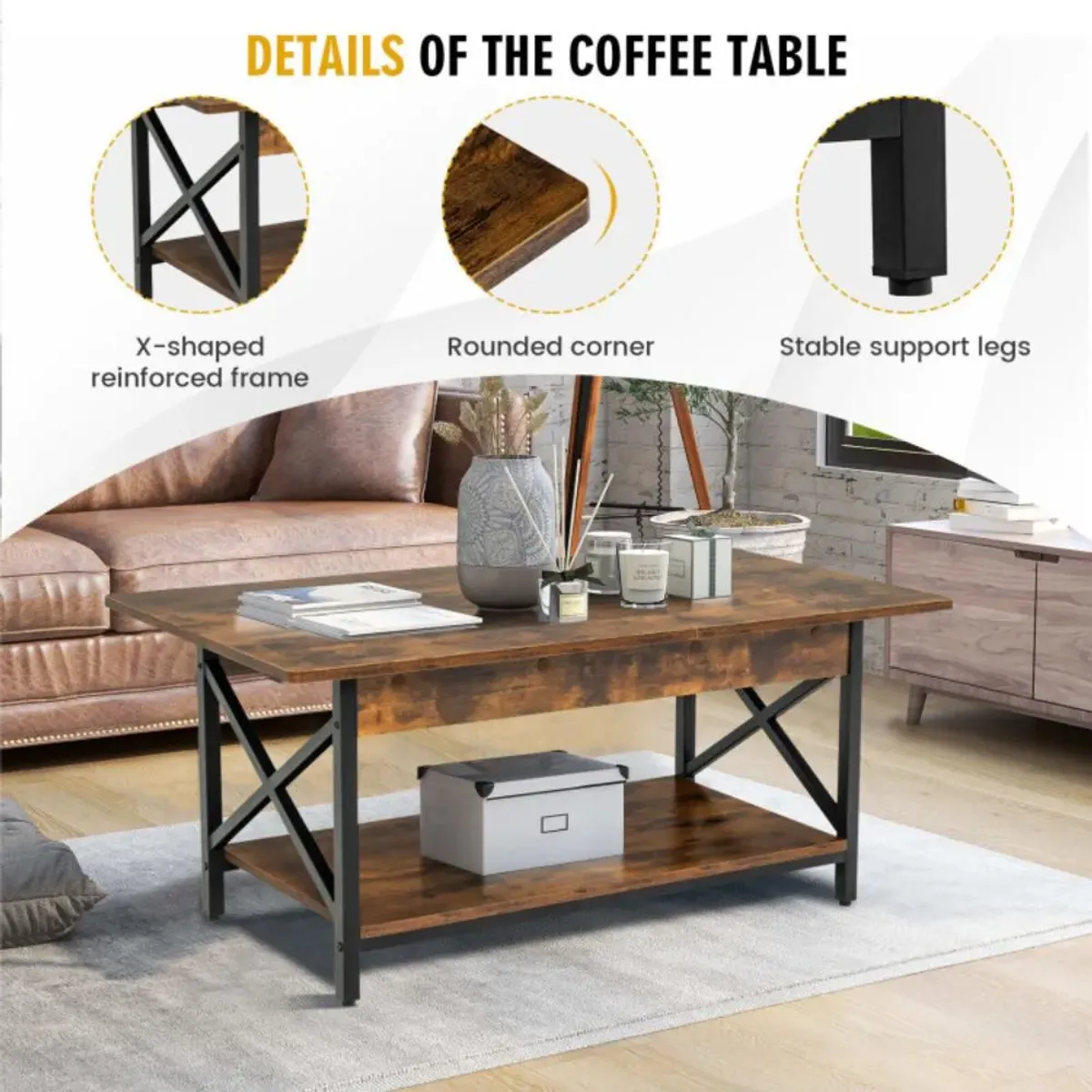 Hivvago 2-Tier Industrial Rectangular Coffee Table with Storage Shelf