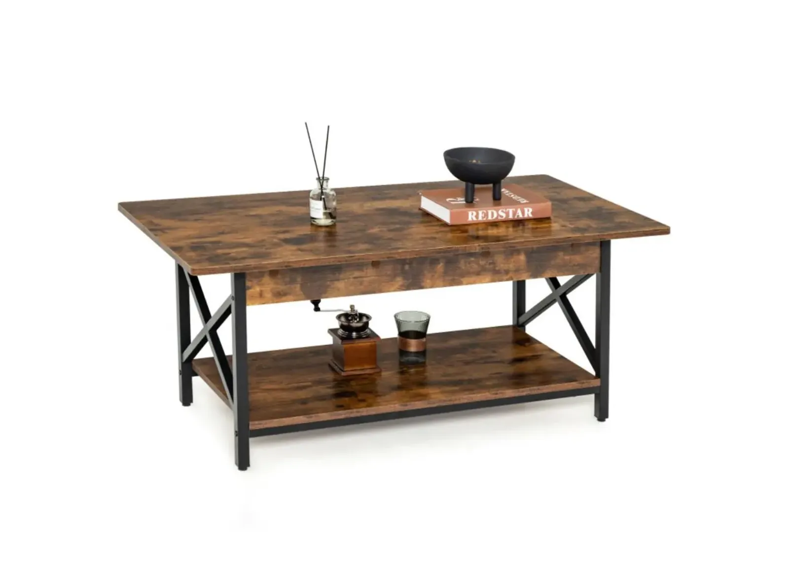 Hivvago 2-Tier Industrial Rectangular Coffee Table with Storage Shelf