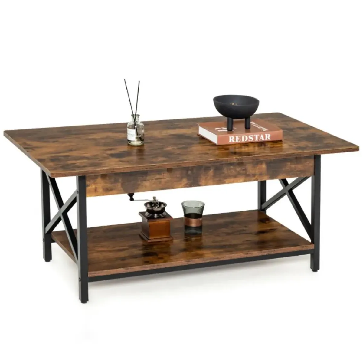 Hivvago 2-Tier Industrial Rectangular Coffee Table with Storage Shelf