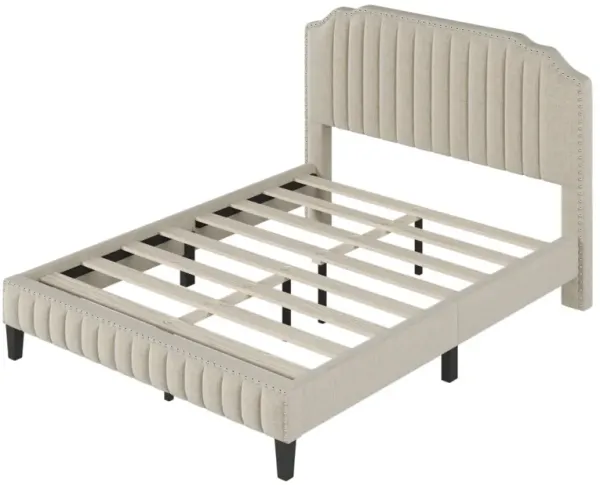 3 Pieces Bedroom Set Modern Linen Curved Upholstered Beige Platform Queen Bed with Two Black Cherry Nightstands