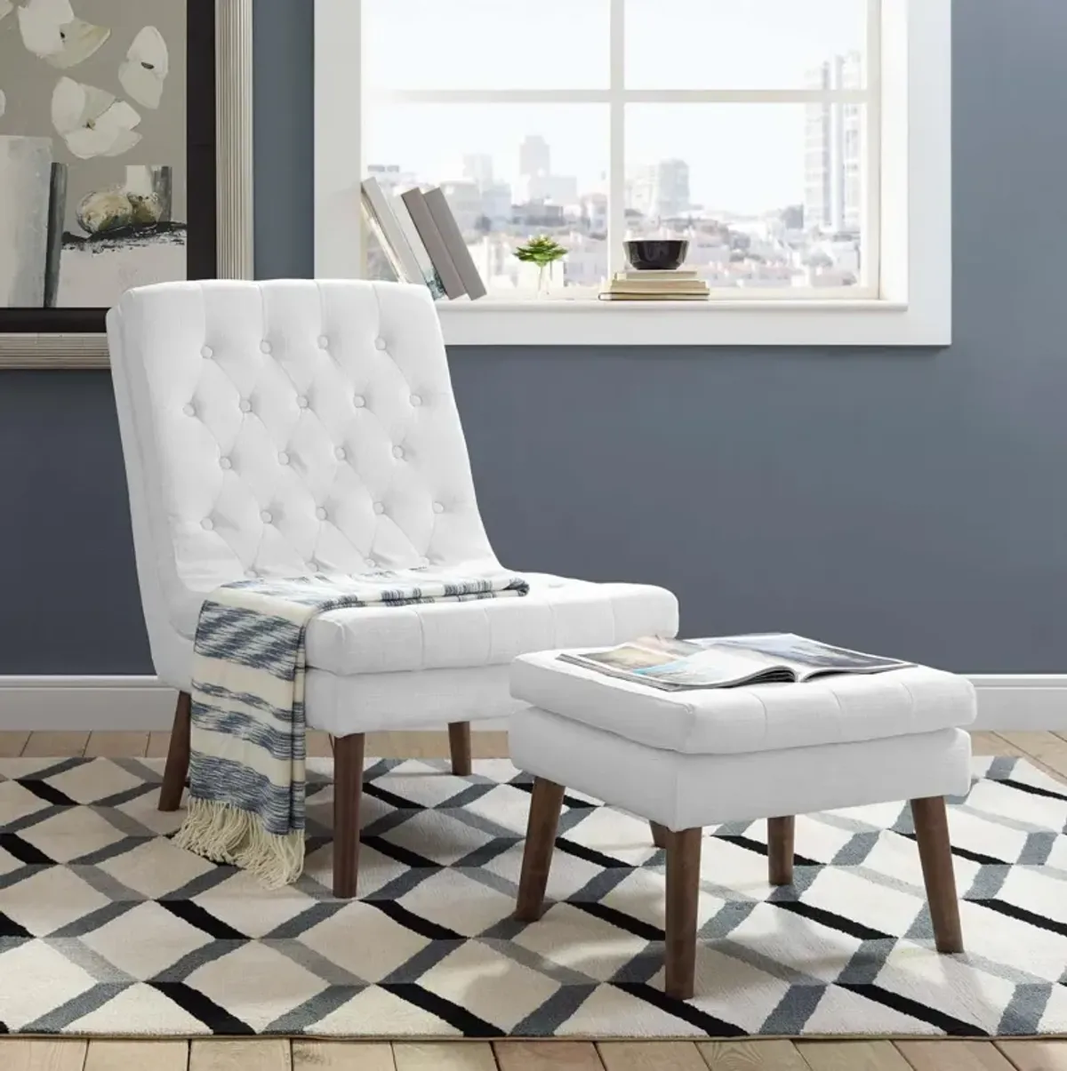 Modway Modify Tufted Modern Lounge Accent Chair and Ottoman Set in White