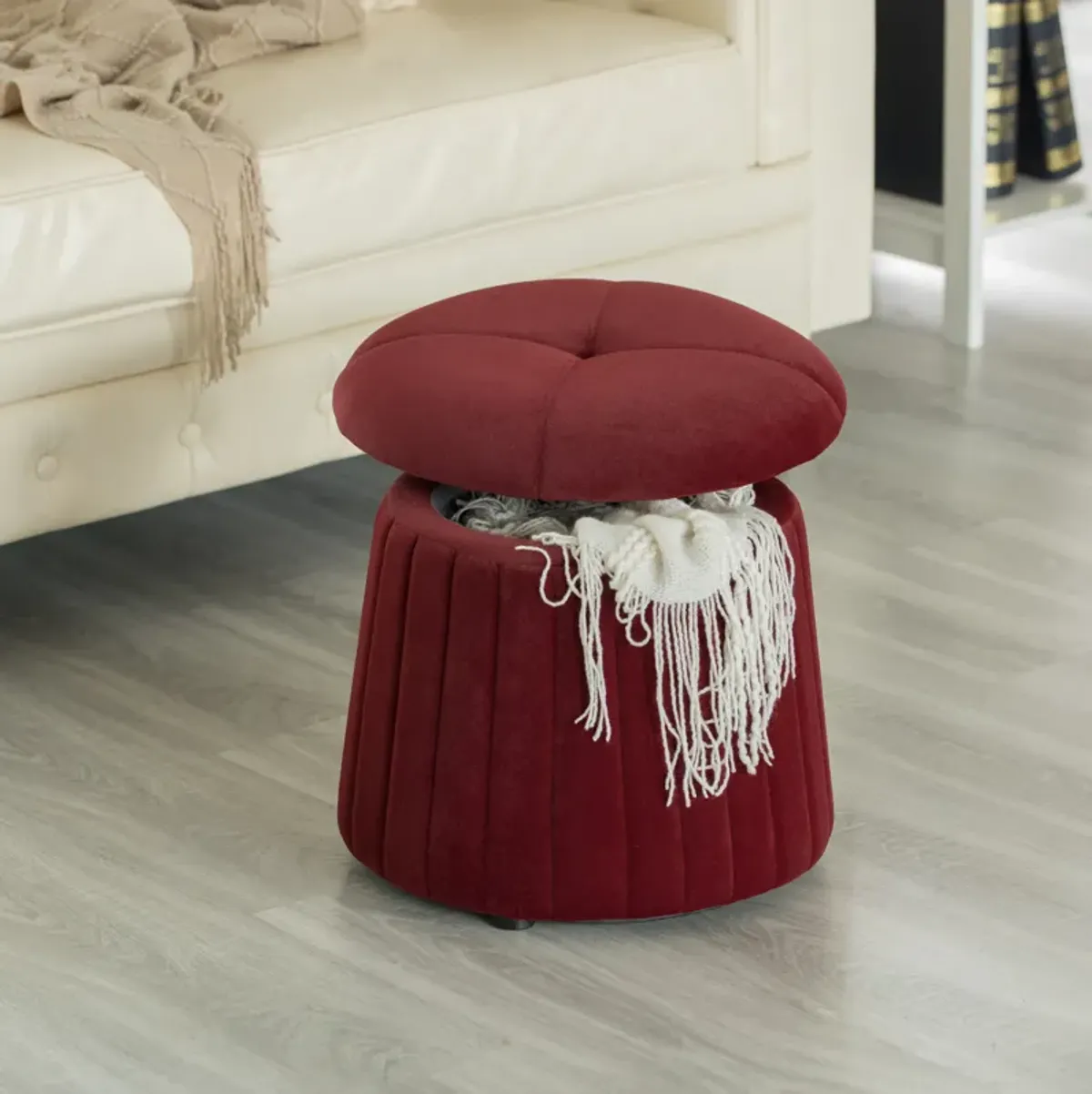 Modern Tufted Velvet Mushroom Shape Storage Ottoman Storage Stool Trunk, Red