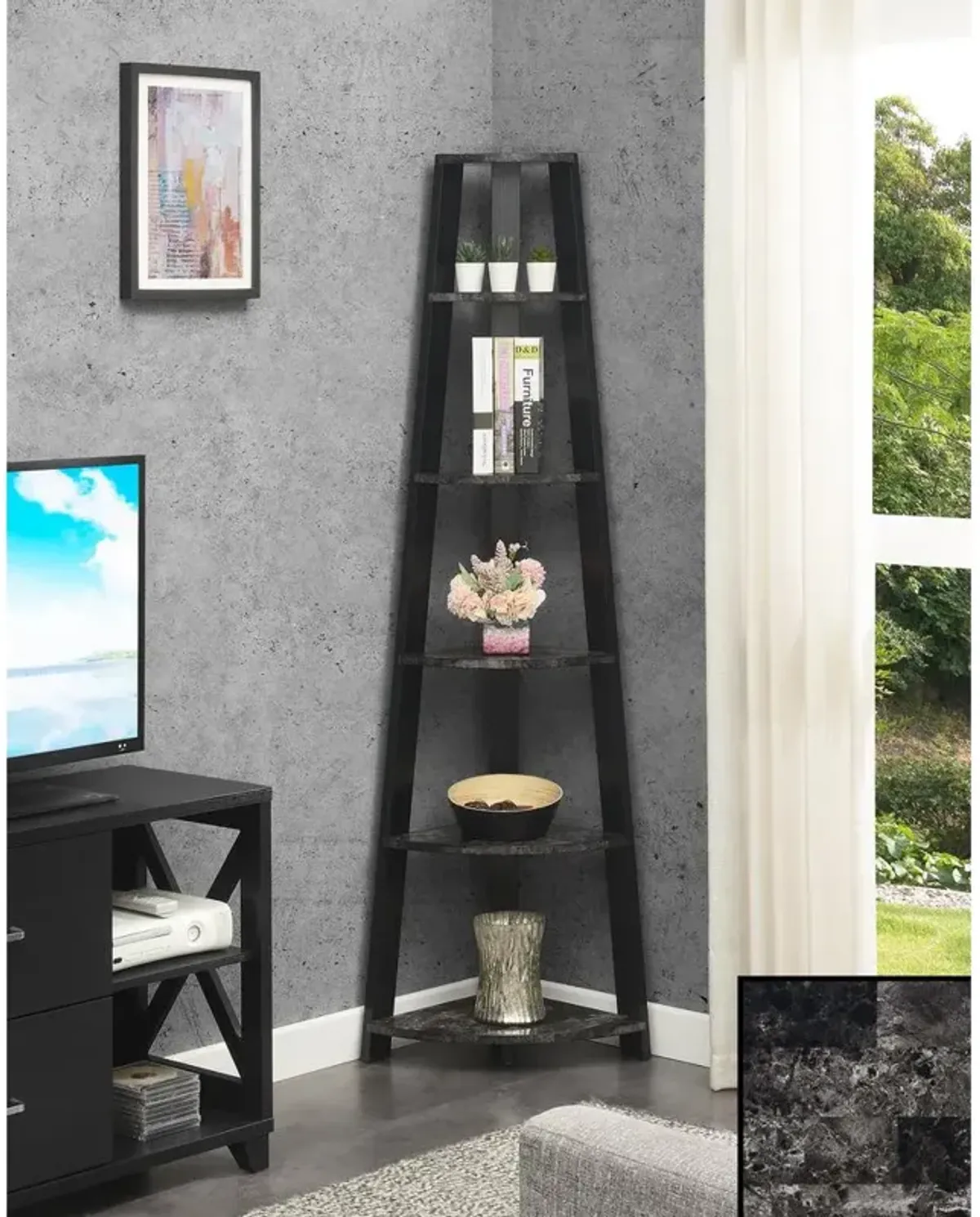 Convenience Concepts Newport 5 Tier Corner Bookshelf Black Faux Marble/Black