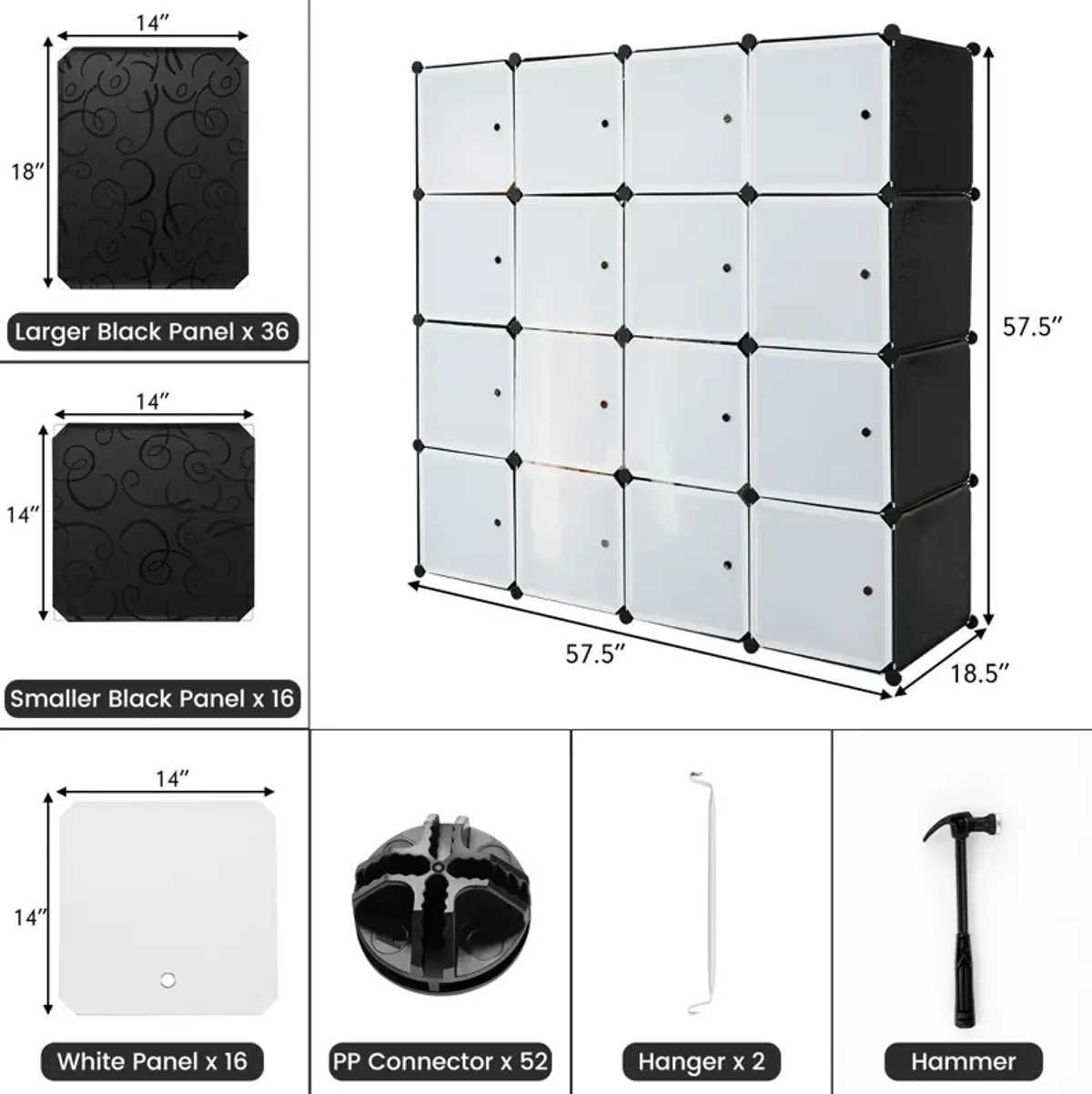 16-Cube Storage Organizer with 16 Doors and 2 Hanging Rods-Black