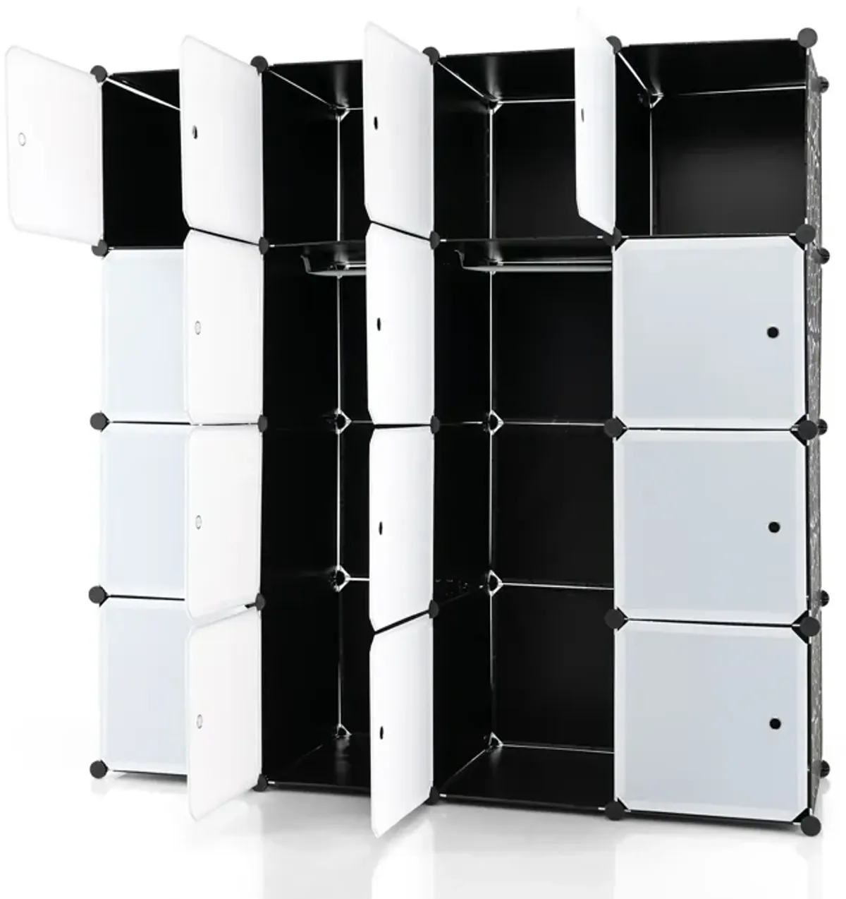 16-Cube Storage Organizer with 16 Doors and 2 Hanging Rods-Black