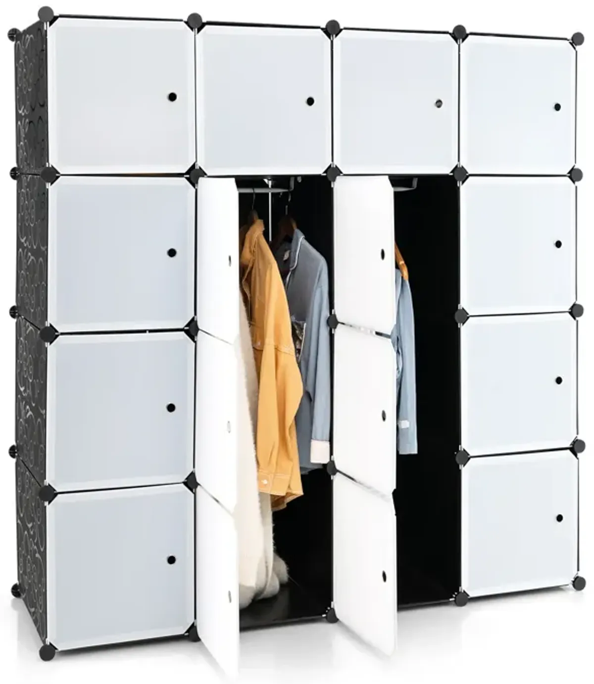 16-Cube Storage Organizer with 16 Doors and 2 Hanging Rods-Black