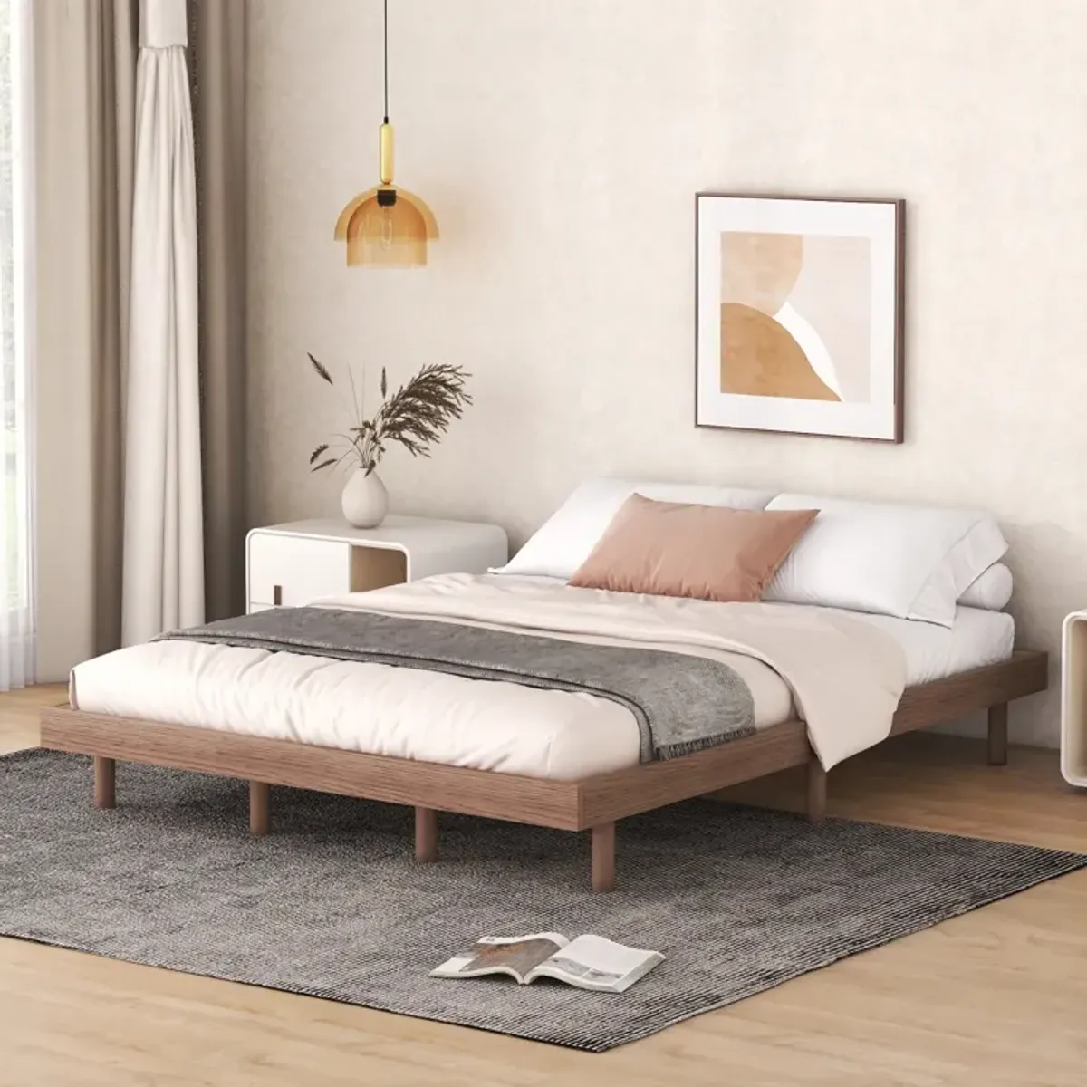 Modern Design Queen Floating Platform Bed Frame For Walnut Color