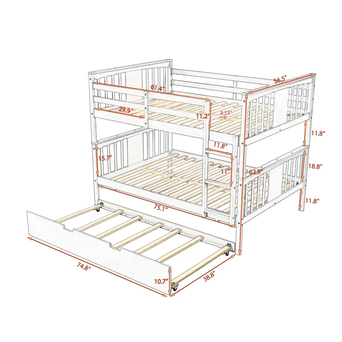 Full Over Full Bunk Bed With Twin Size Trundle And Ladder