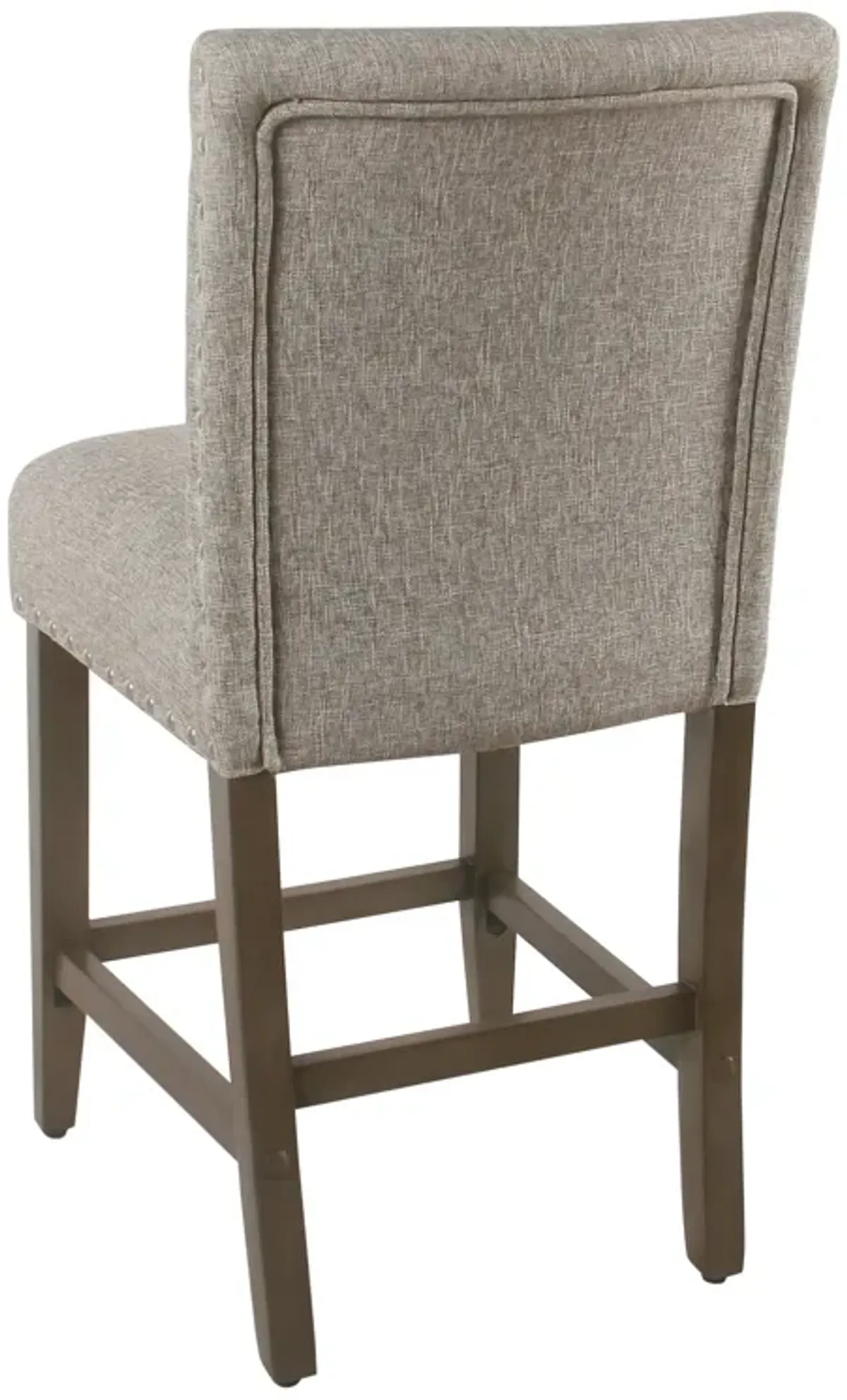 Fabric Upholstered Wooden Counter Stool with Striking Nail head Trims, Gray and Brown - Benzara