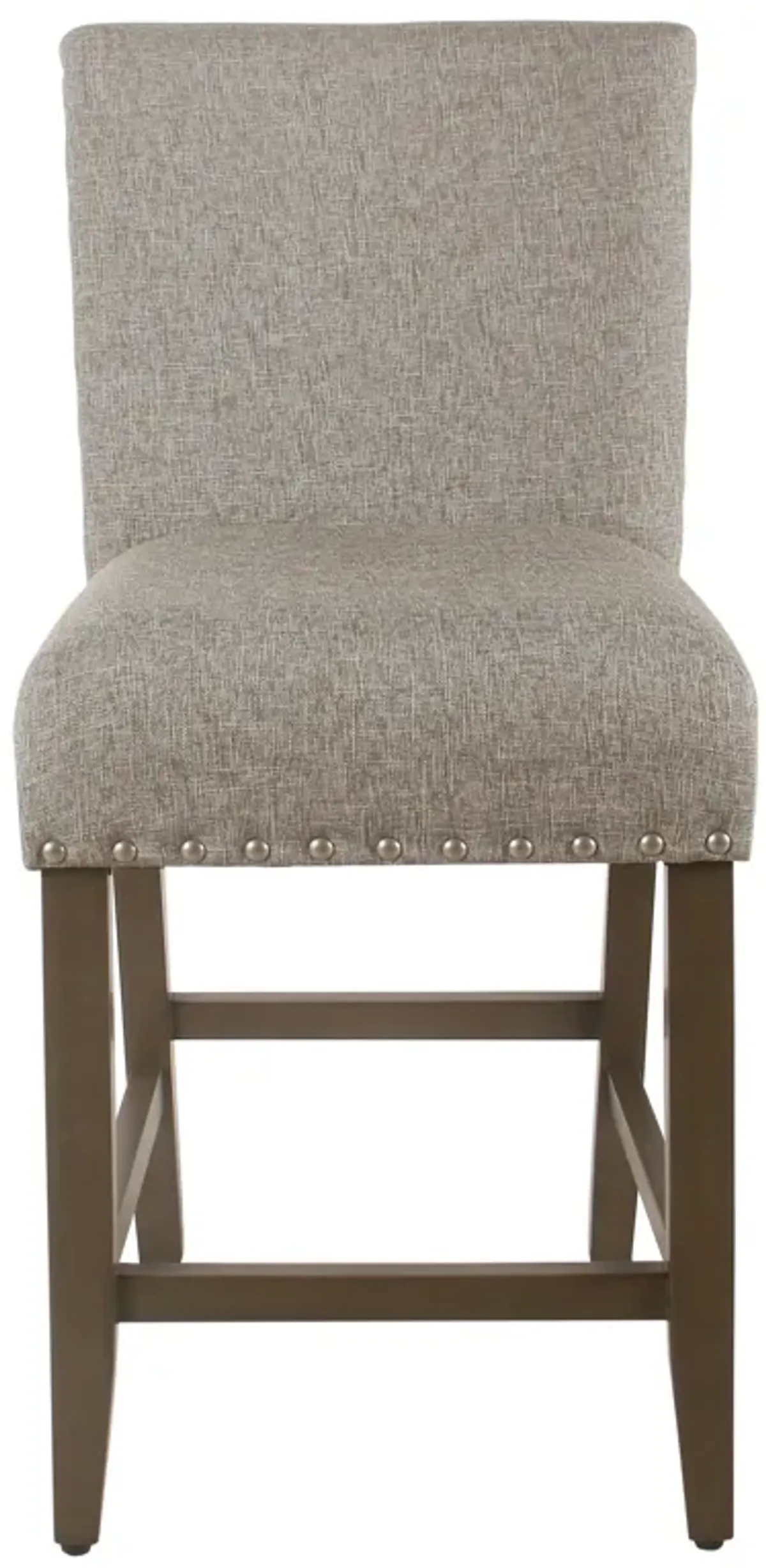 Fabric Upholstered Wooden Counter Stool with Striking Nail head Trims, Gray and Brown - Benzara