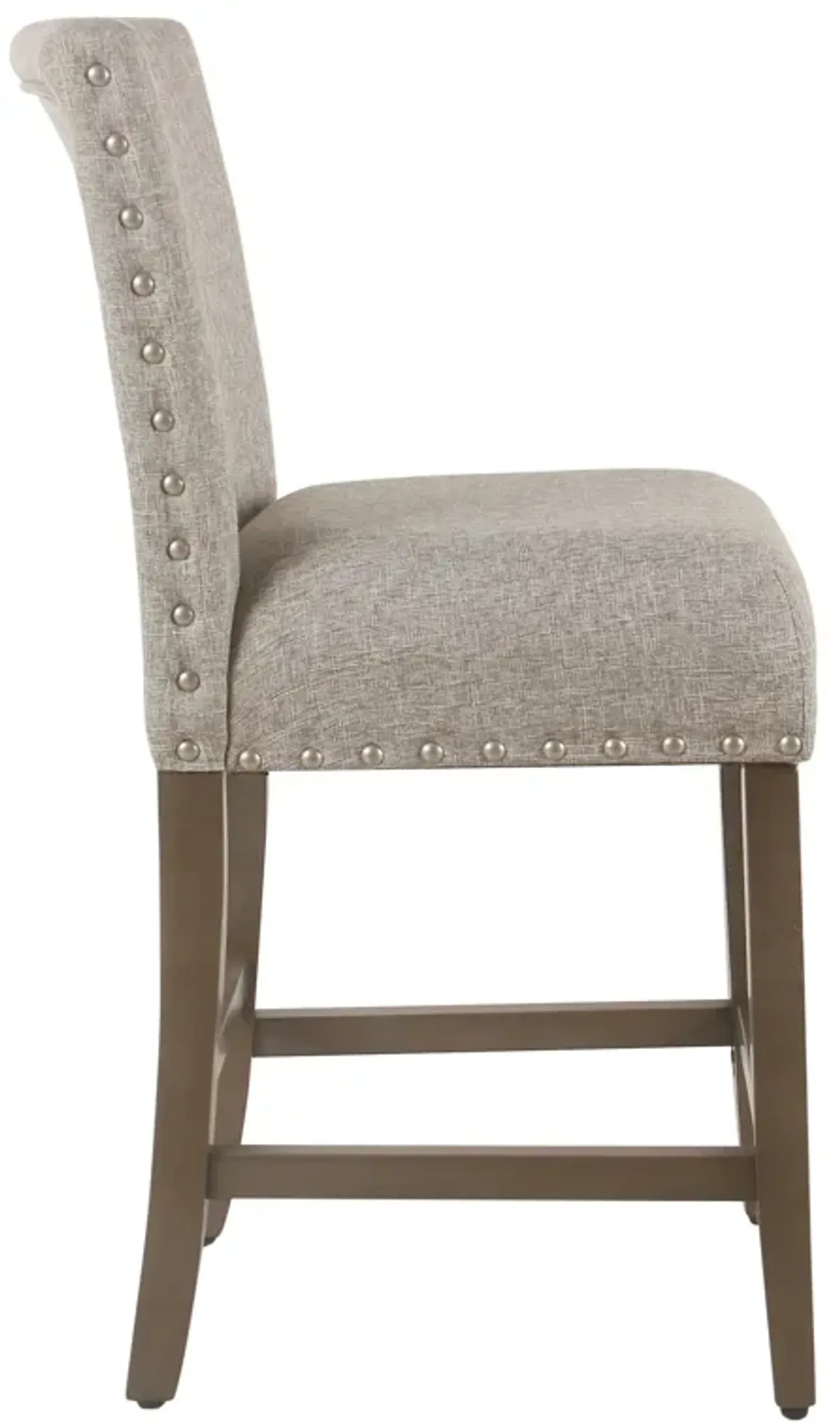 Fabric Upholstered Wooden Counter Stool with Striking Nail head Trims, Gray and Brown - Benzara