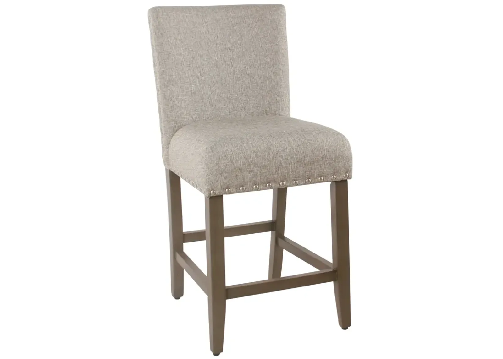 Fabric Upholstered Wooden Counter Stool with Striking Nail head Trims, Gray and Brown - Benzara