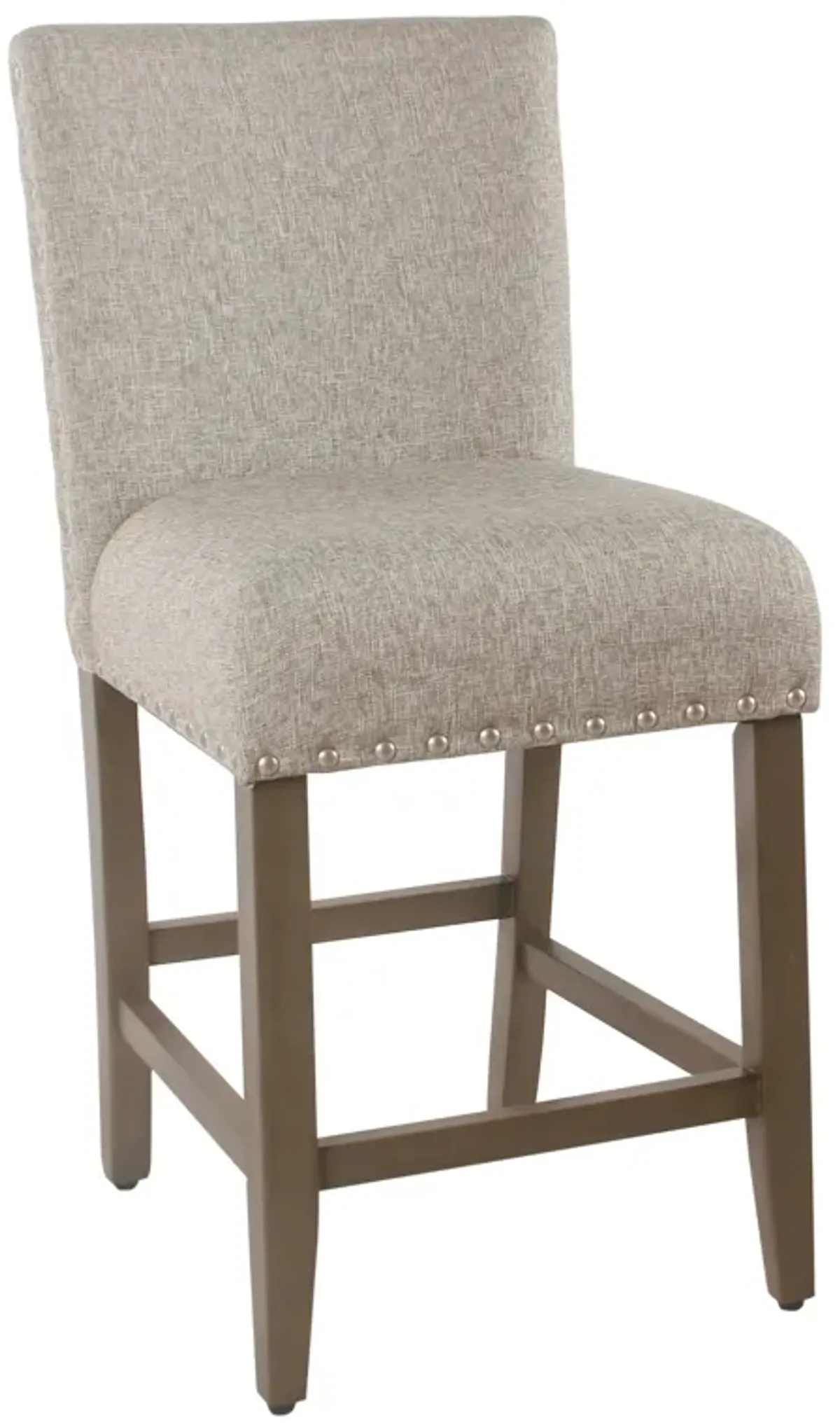 Fabric Upholstered Wooden Counter Stool with Striking Nail head Trims, Gray and Brown - Benzara