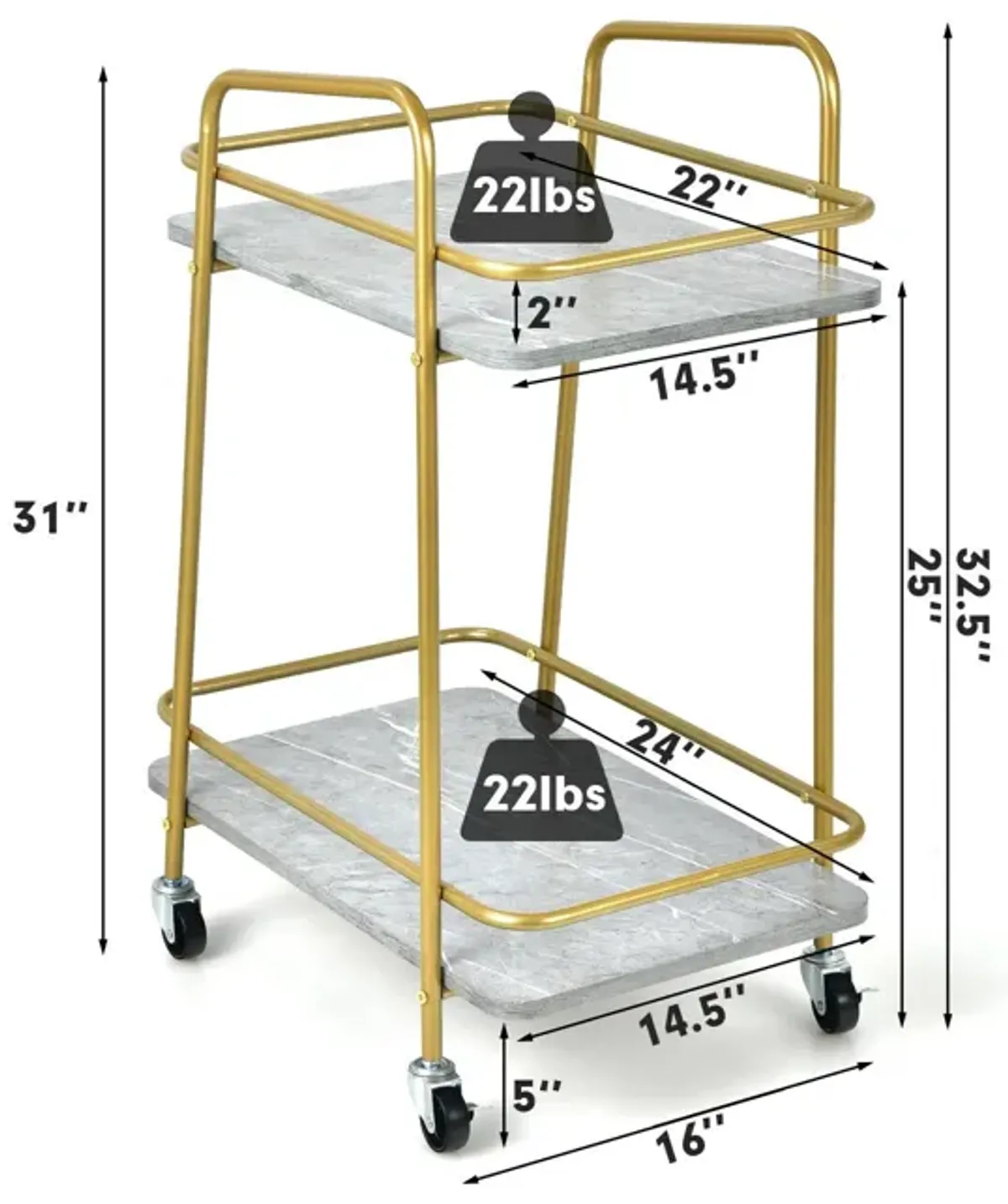 2-tier Kitchen Rolling Cart with Steel Frame and Lockable Casters-Grey