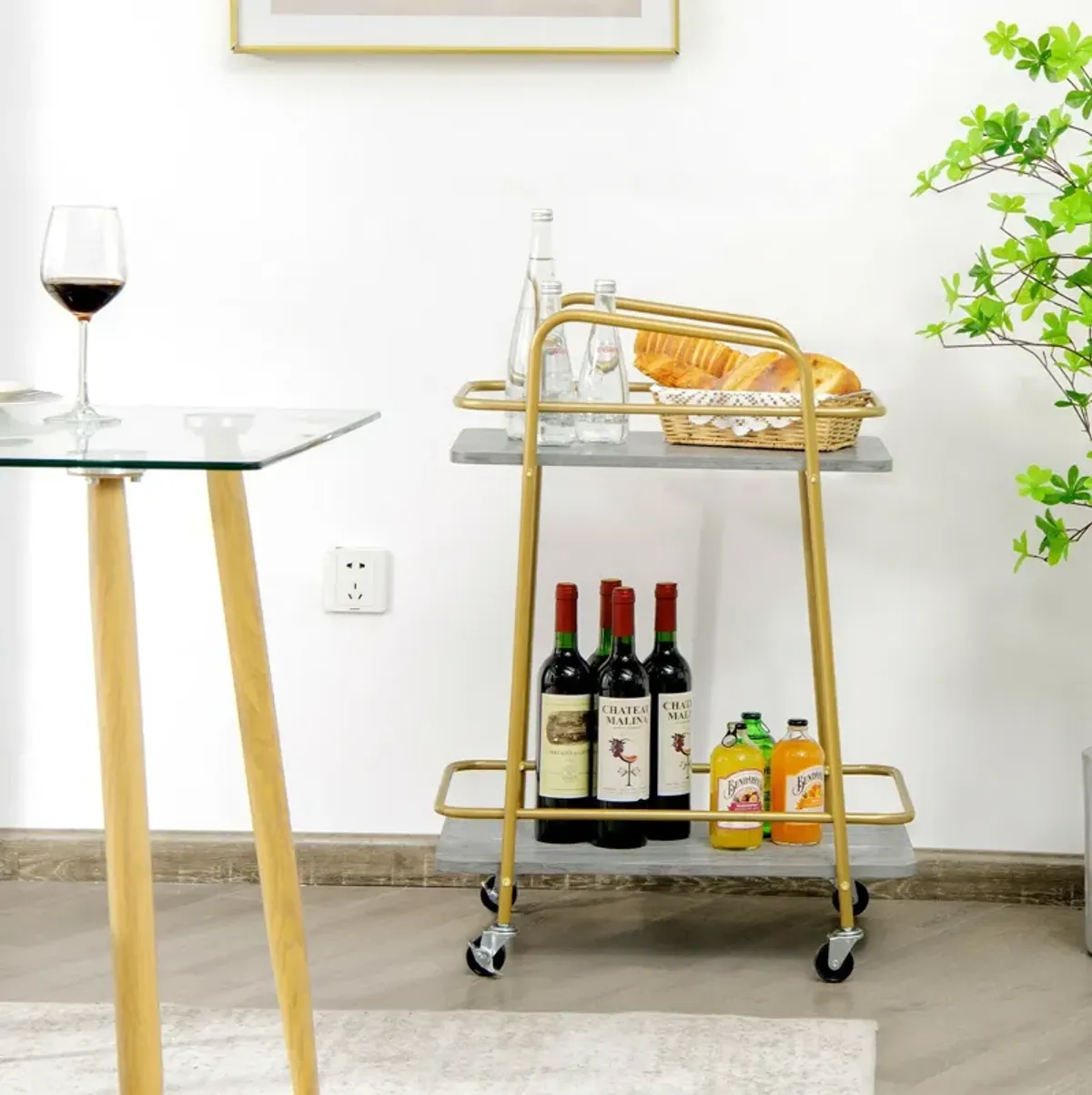 2-tier Kitchen Rolling Cart with Steel Frame and Lockable Casters-Grey