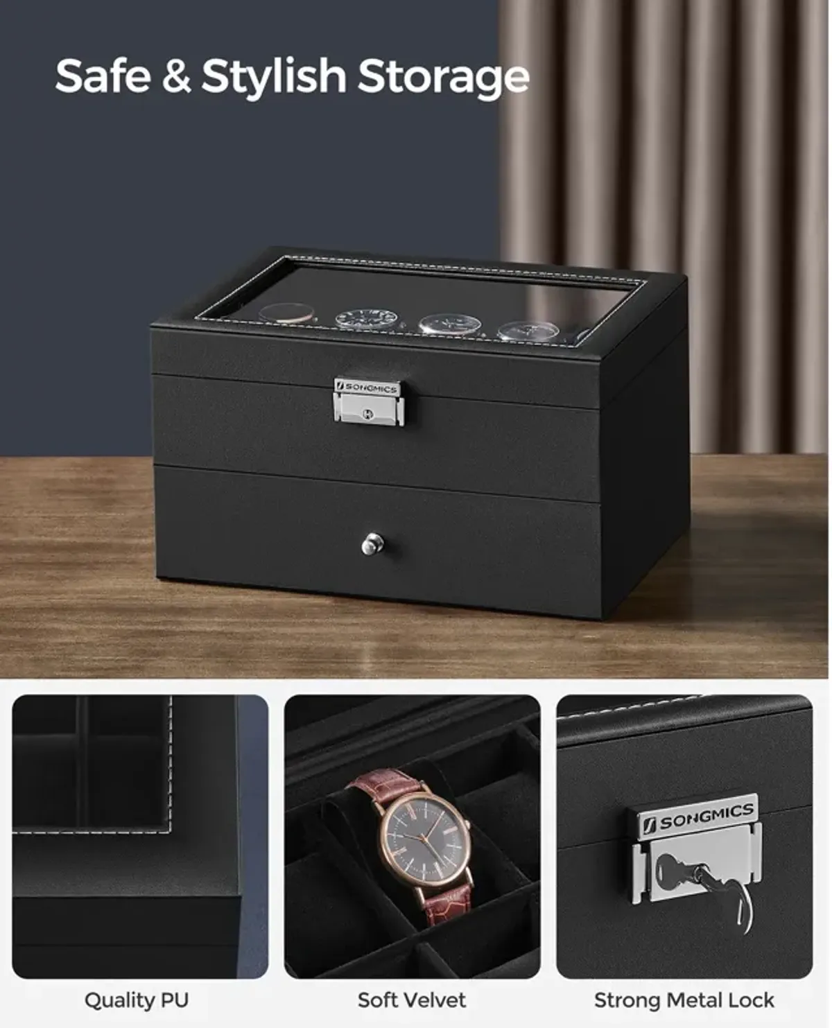 20-Slot Watch Storage Box with Glass Display Lid and Secure Lock