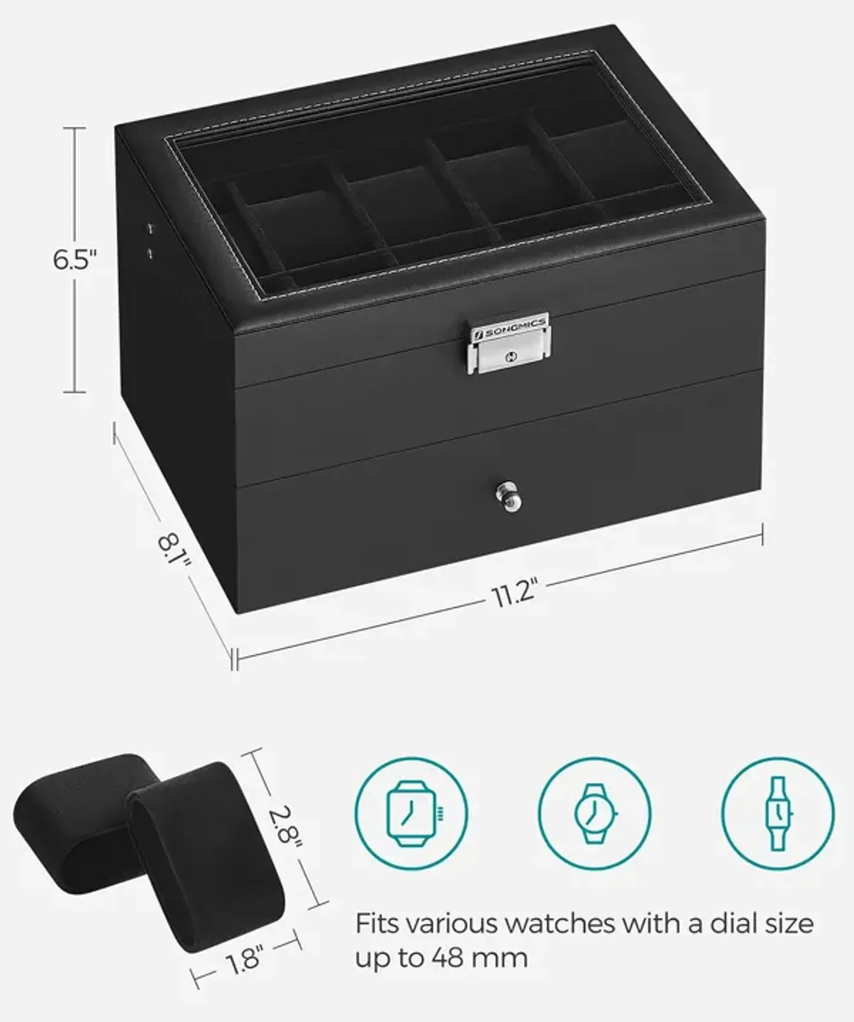 20-Slot Watch Storage Box with Glass Display Lid and Secure Lock