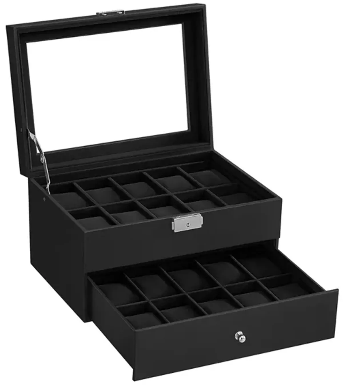 20-Slot Watch Storage Box with Glass Display Lid and Secure Lock