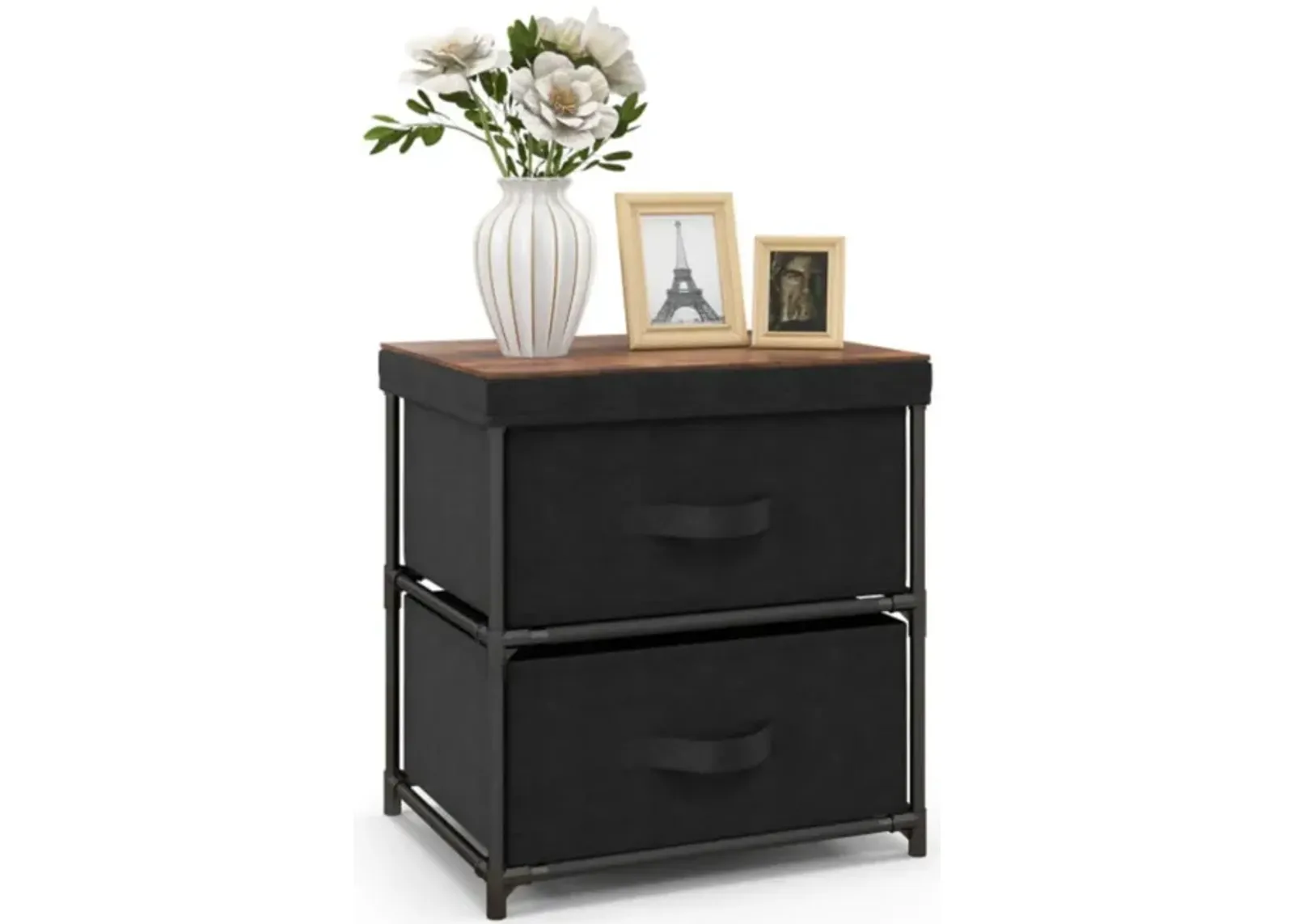 Hivvago 2-Drawer Nightstand with Removable Fabric Bins and Pull Handles-Black