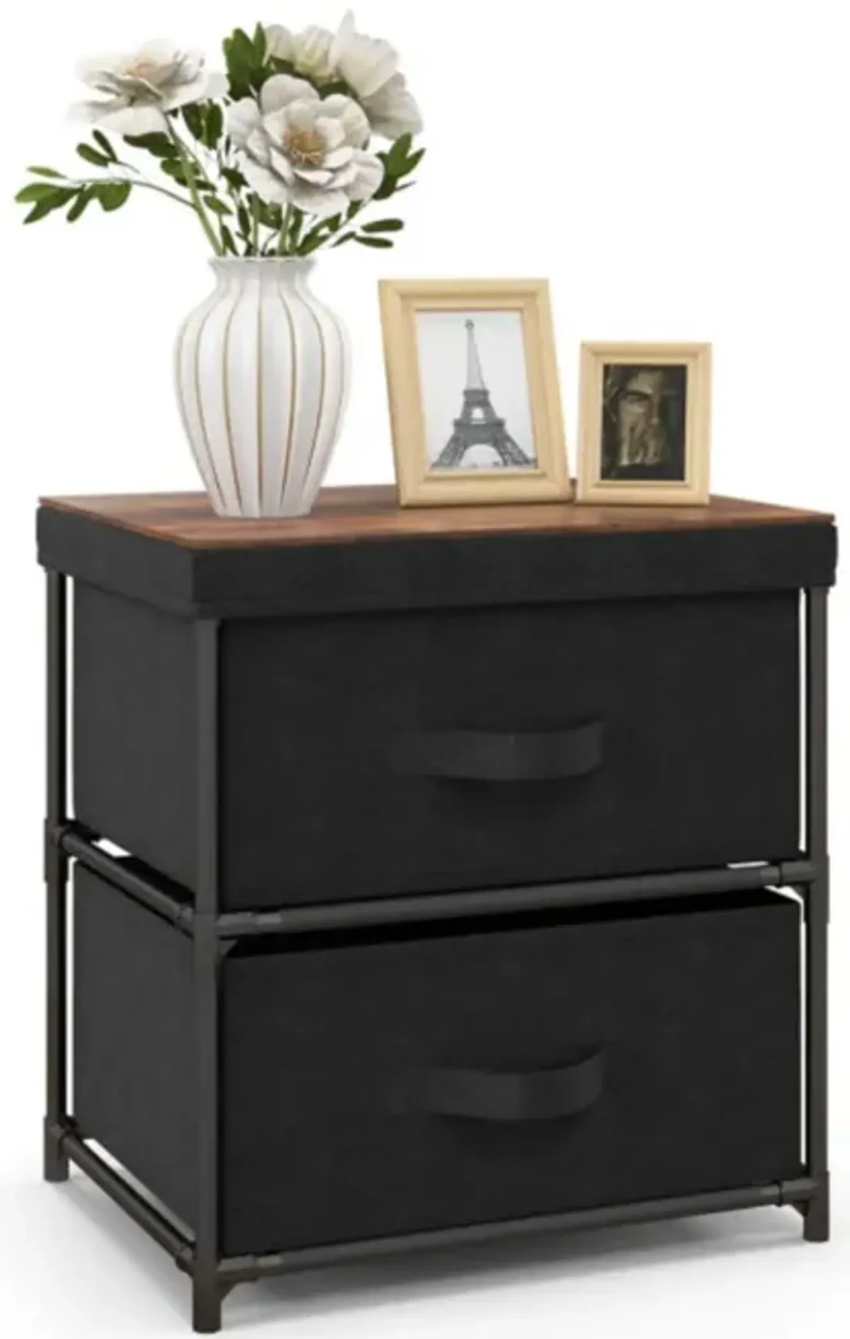 Hivvago 2-Drawer Nightstand with Removable Fabric Bins and Pull Handles-Black