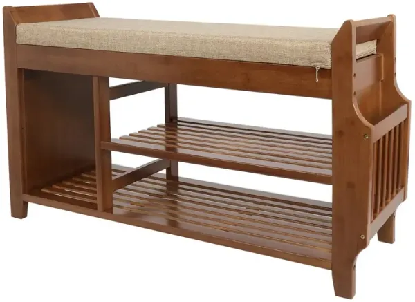 Solid Wood Entryway Shoe Rack Storage Bench with Cushioned Seat 2 Shelves and Drawer