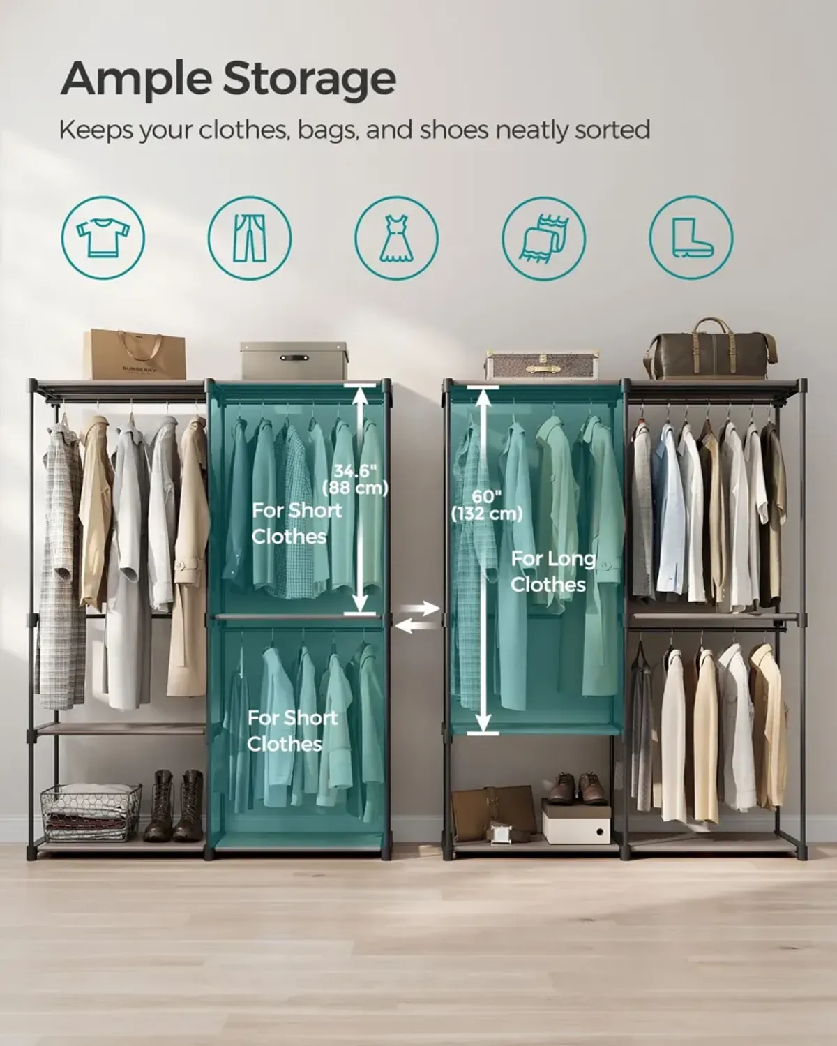 Adjustable Freestanding Closet Organizer with Hanging Rods for Efficient Wardrobe Management