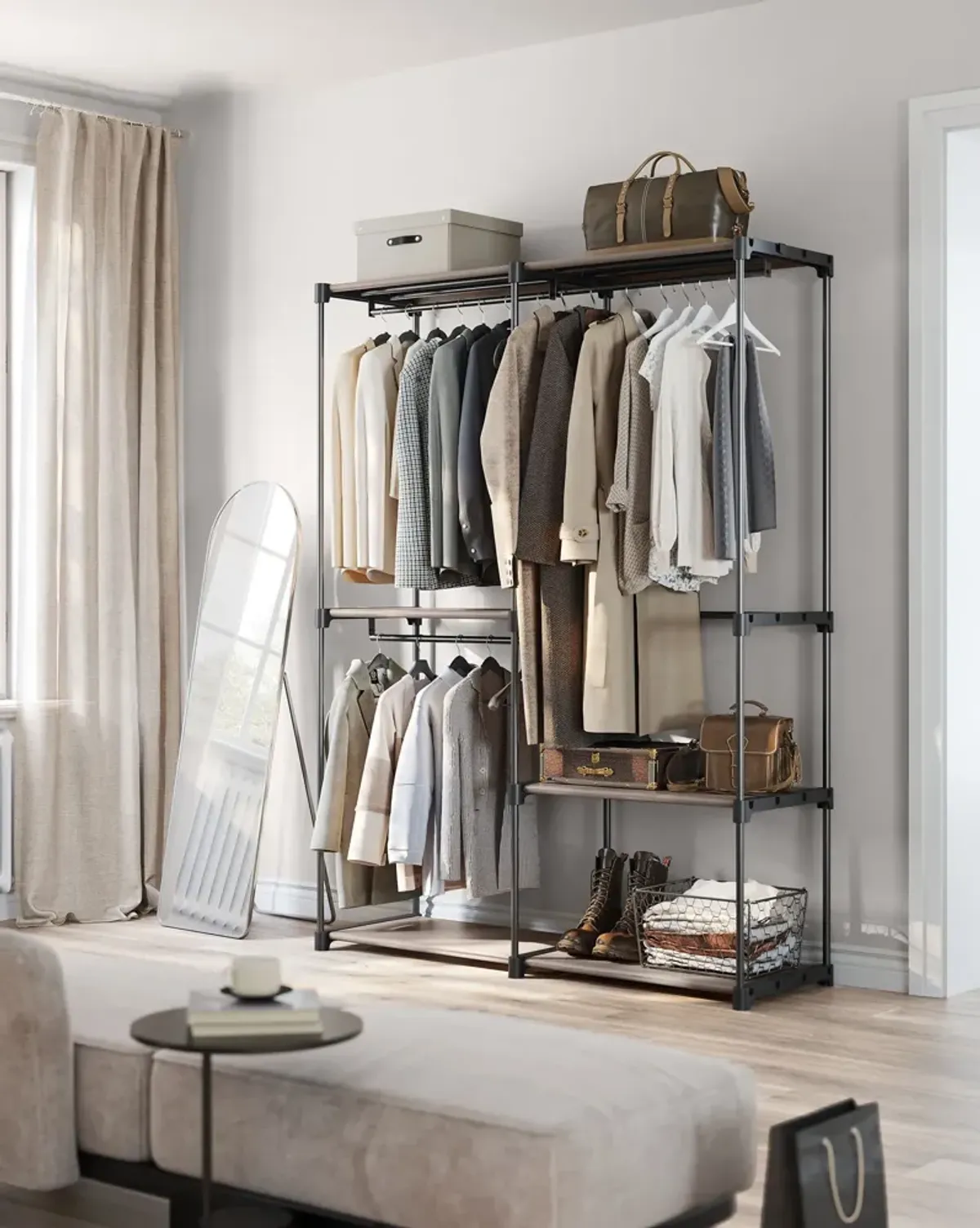 Adjustable Freestanding Closet Organizer with Hanging Rods for Efficient Wardrobe Management